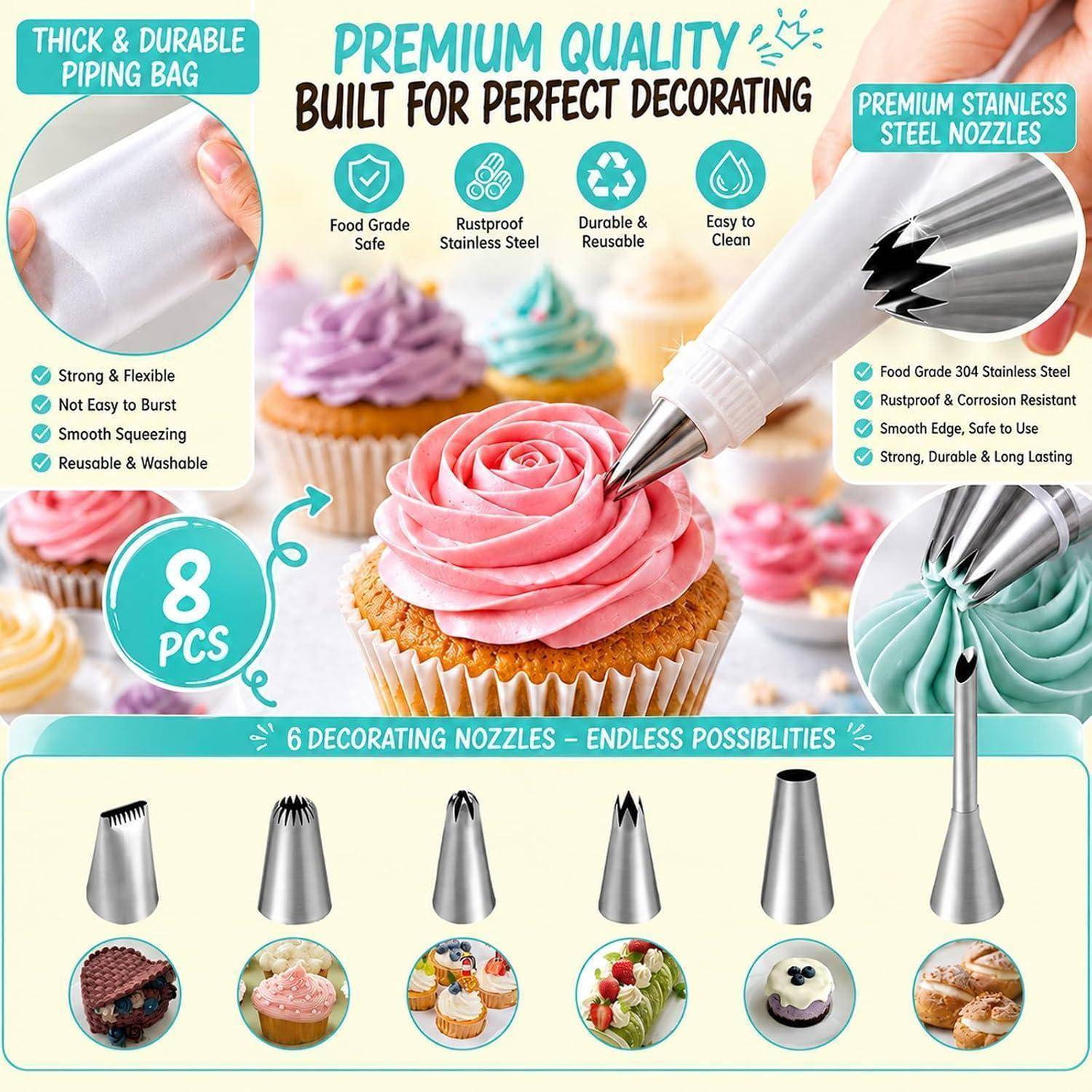 Werbegrafik für ein Dekorationsspritzenbeutel-Set, das einen Spritzbeutel aus Kunststoff und Edelstahlspitzen zeigt, die Glasur auf Cupcakes aufspritzen, mit 8 Teilen und 6 Spitzenformen.