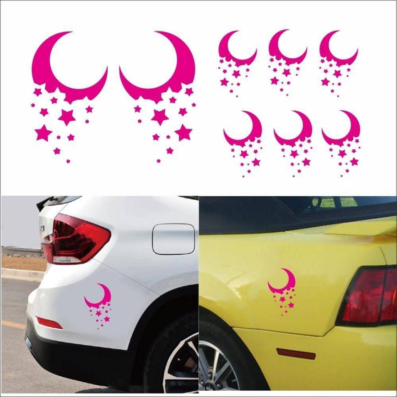 Magenta-farbige Aufkleber in Halbmond- und Sternform in verschiedenen Größen, mit Beispielen des Aufklebers auf dem hinteren Kotflügel eines Autos.