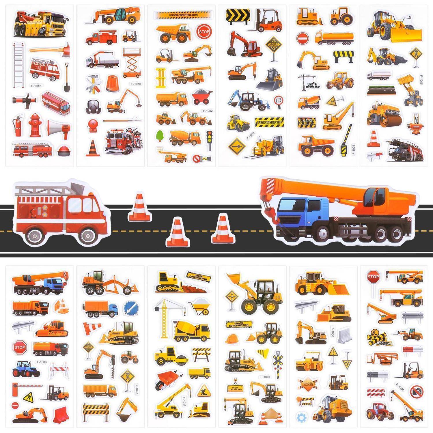Collage aus Cartoon-Bau- und Straßenarbeitsfahrzeugen sowie Verkehrsschildern, einschließlich Feuerwehrautos, Kränen, Kipplastern, Baggern, Leitkegeln, Absperrungen und Stoppzeichen.