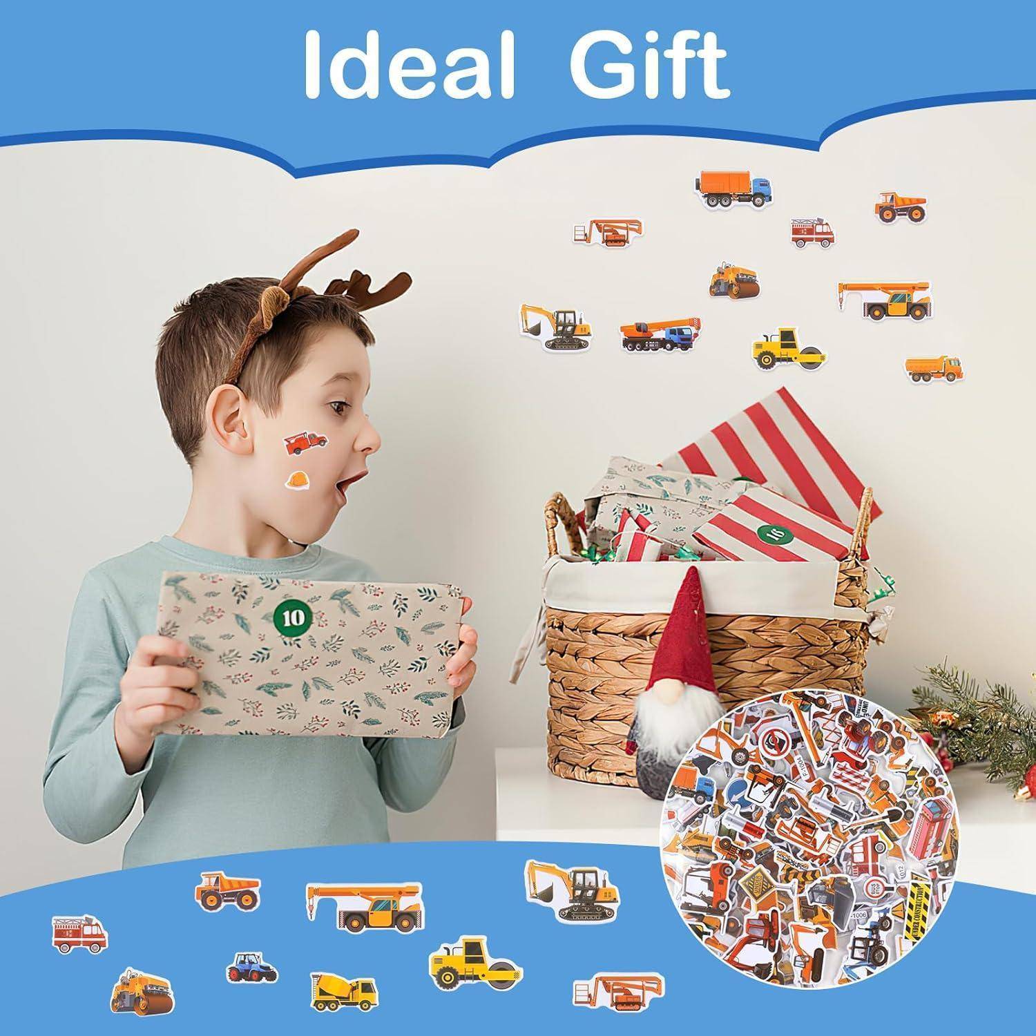 Ein Kind mit Rentiergeweih öffnet eine Geschenkbox neben einem Korb voller Geschenke, wobei Spielzeugfahrzeuge herumschweben und der Text „Ideales Geschenk