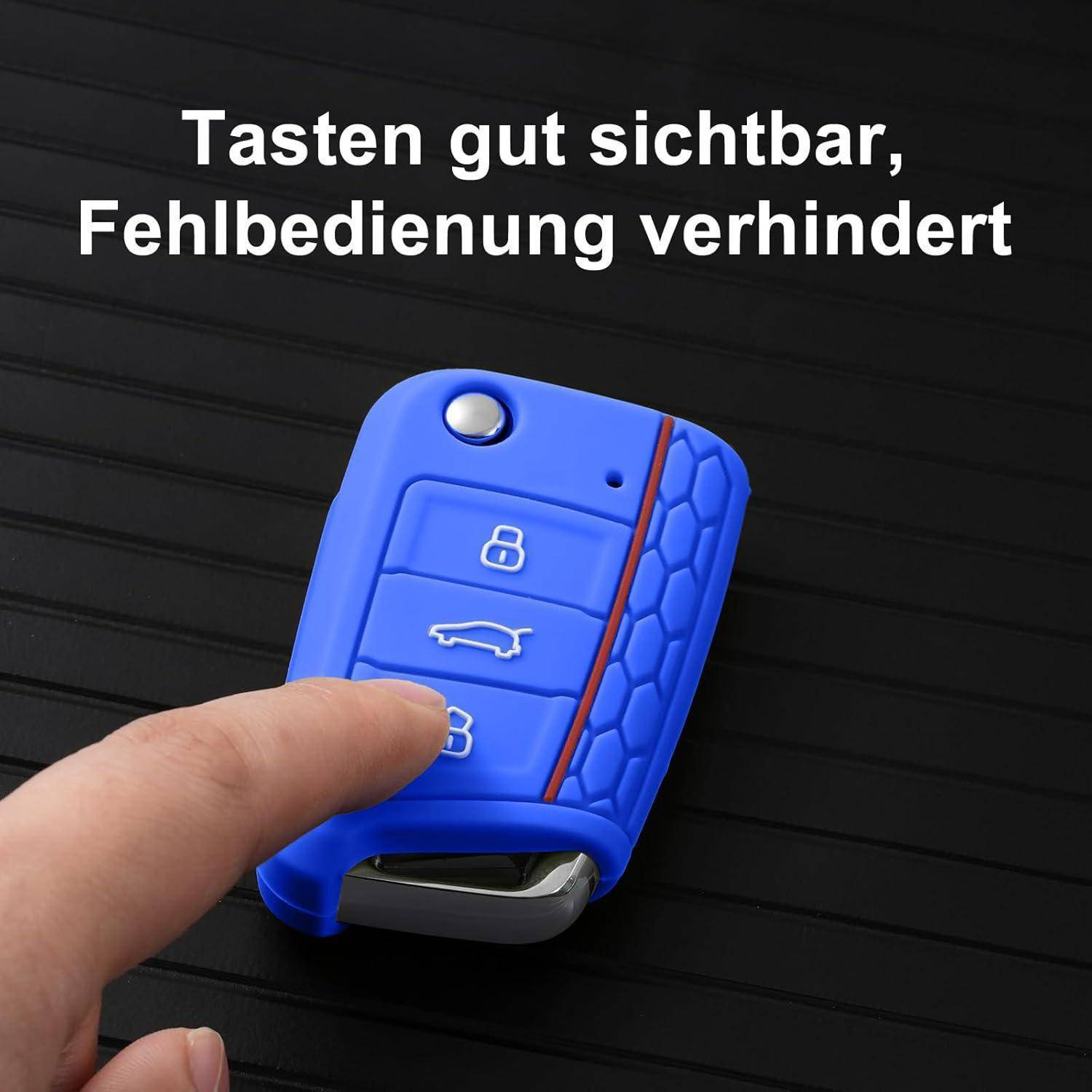 Blauer Autoschlüsselbund wird gedrückt, mit erhabener Tastaturanordnung und deutschem Text „Tasten gut sichtbar, Fehlbedienung verhindert