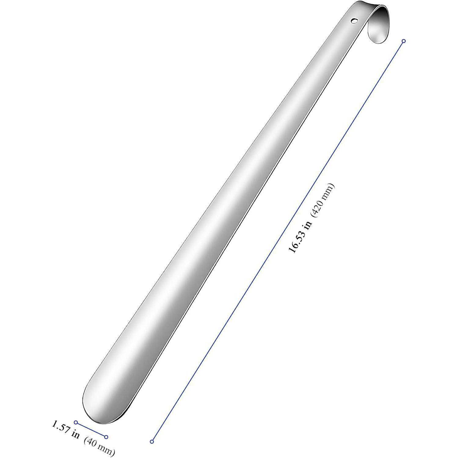 Edelstahl-Schuhlöffel, 16,53 Zoll (420 mm) lang, mit gekrümmtem Hakengiff und abgerundetem flachem Ende.