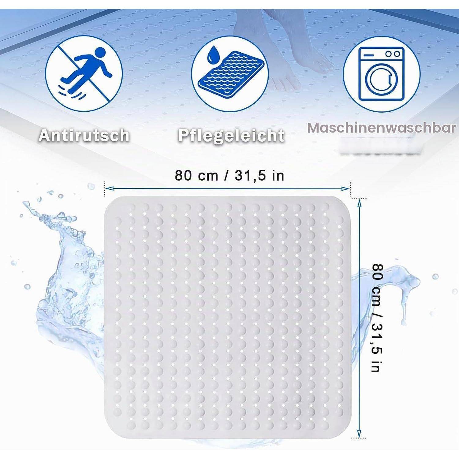 Quadratische rutschfeste Badematte, 80 cm x 80 cm, mit strukturierter Oberfläche und Symbolen für einfache Pflege, wasserabweisend und maschinenwaschbar.