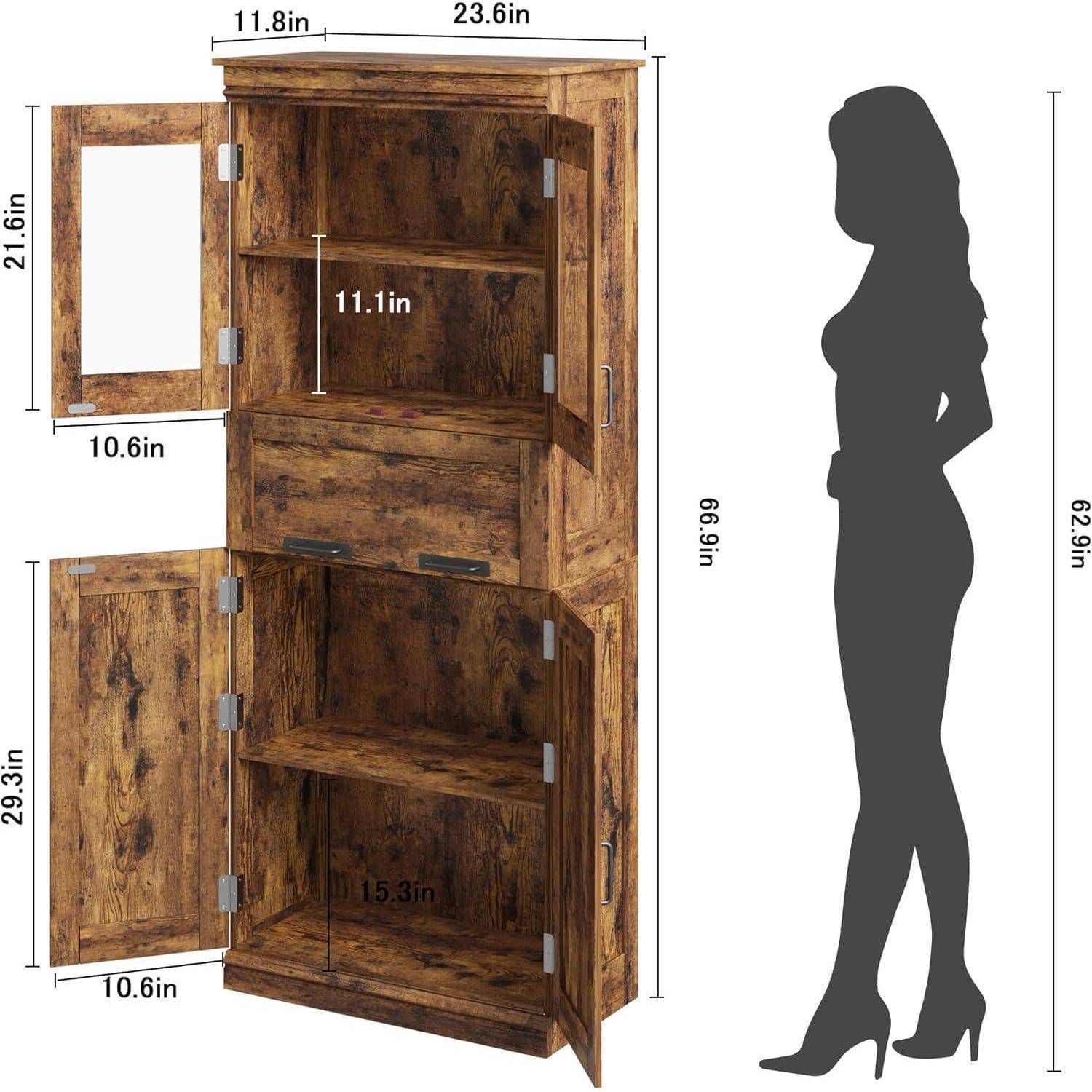 Dimensionsdiagramm eines rustikalen Wandschranks aus Holz mit offenen Türen und Regalen, daneben eine weibliche Silhouette zur Größenangabe.