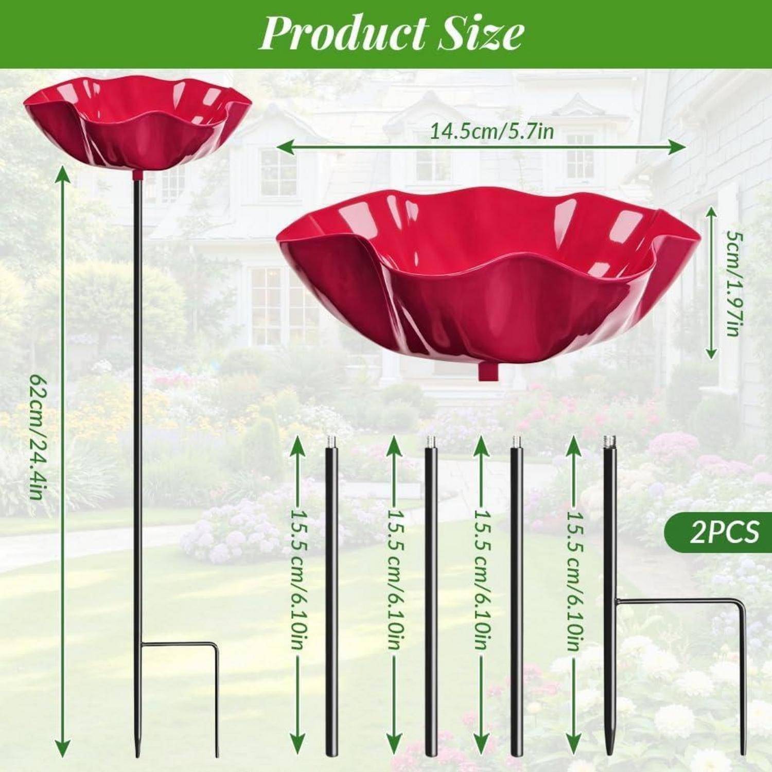 Produktgrößendiagramm mit einer roten blütenförmigen Solargartenleuchte, 62 cm hoch mit einer 14,5 cm breiten Schale und 15,5 cm Erdspießen; enthält 2 Stück.