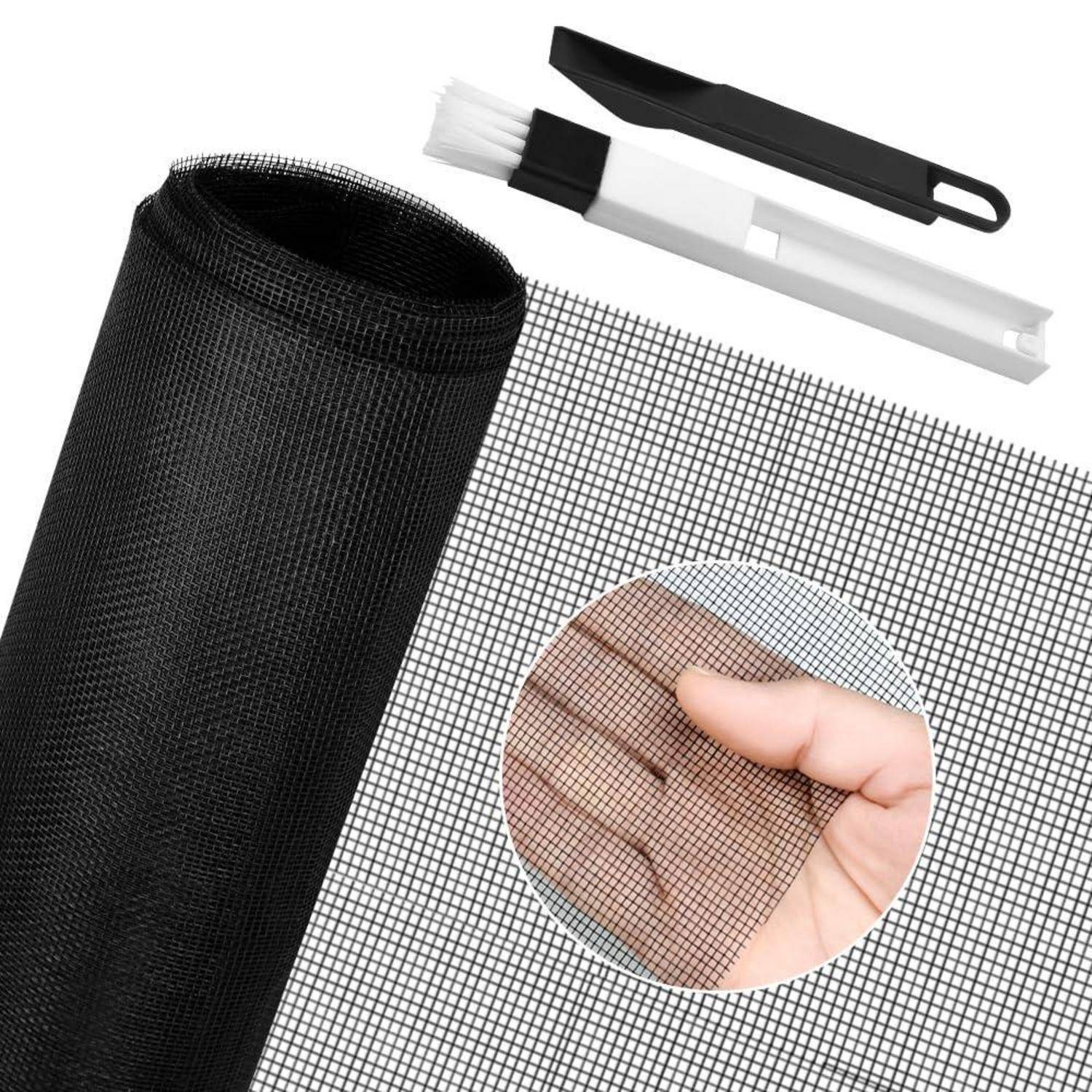Schwarze Fiberglas-Netzroll mit Schneider und weißem Installationswerkzeug, plus vergrößerte Nahaufnahme mit feiner Netzstruktur.
