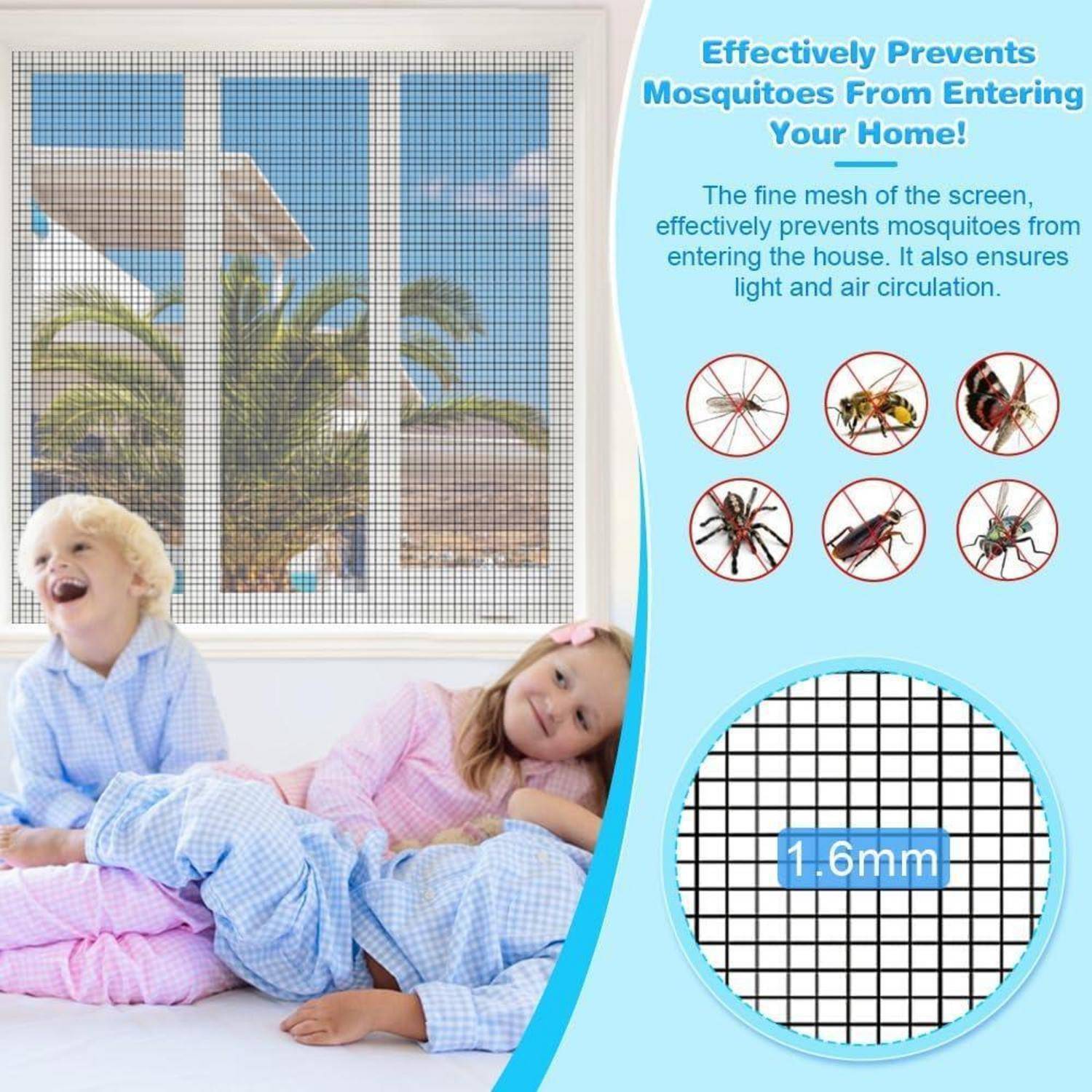 Werbebild eines feinen Moskito-Fensternetzes, das Mücken abhält und gleichzeitig Licht und Luft durchlässt, mit schlafenden Kindern im Innenraum und einer Nahaufnahme mit der Bezeichnung "1,6 mm"".