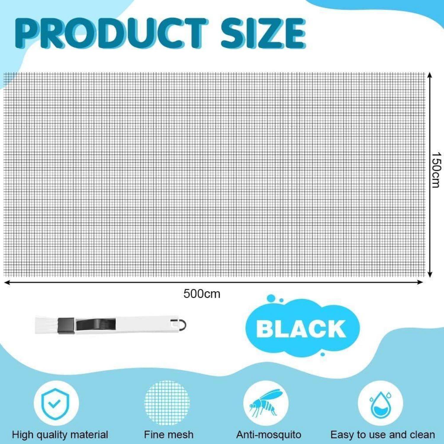 Größentabelle für Produkt zeigt ein 500 cm x 150 cm feines Maschengewebe schwarzes Anti-Mücken-Gitter mit den folgenden Eigenschaften: hochwertiges Material, einfache Handhabung und Reinigung.