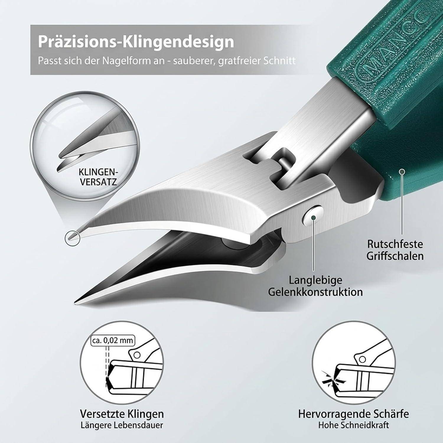 Abbildung einer präzisions Nagelschere mit deutschen Beschriftungen, die Versatzklinge, robuste Gelenkonstruktion, rutschfeste Griffschalen und scharfes, sauberes Schneiden hervorheben.