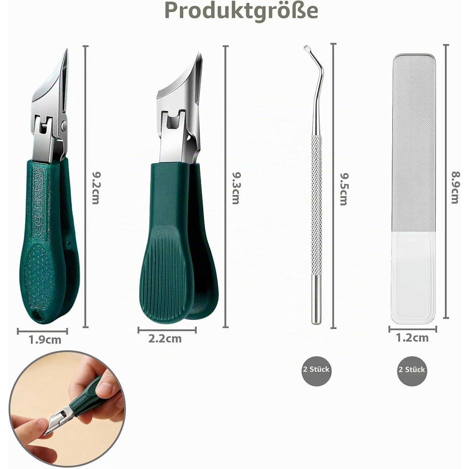 Größentabelle für Nagelwerkzeuge: zwei grüne Nagelhautzangen, ein Nagelhautschieber aus Metall und eine Nagelfeile, jeweils beschriftet mit Abmessungen und „2 Stück