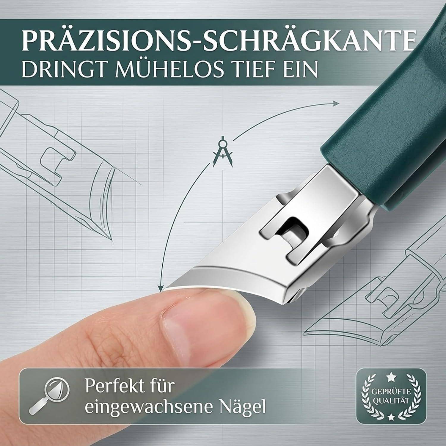 Bewerbungsgrafik zeigt einen Präzisions-Schrägkanten-Nagelknipser, der einen eingewachsenen Zehennagel schneidet; deutscher Text sagt 