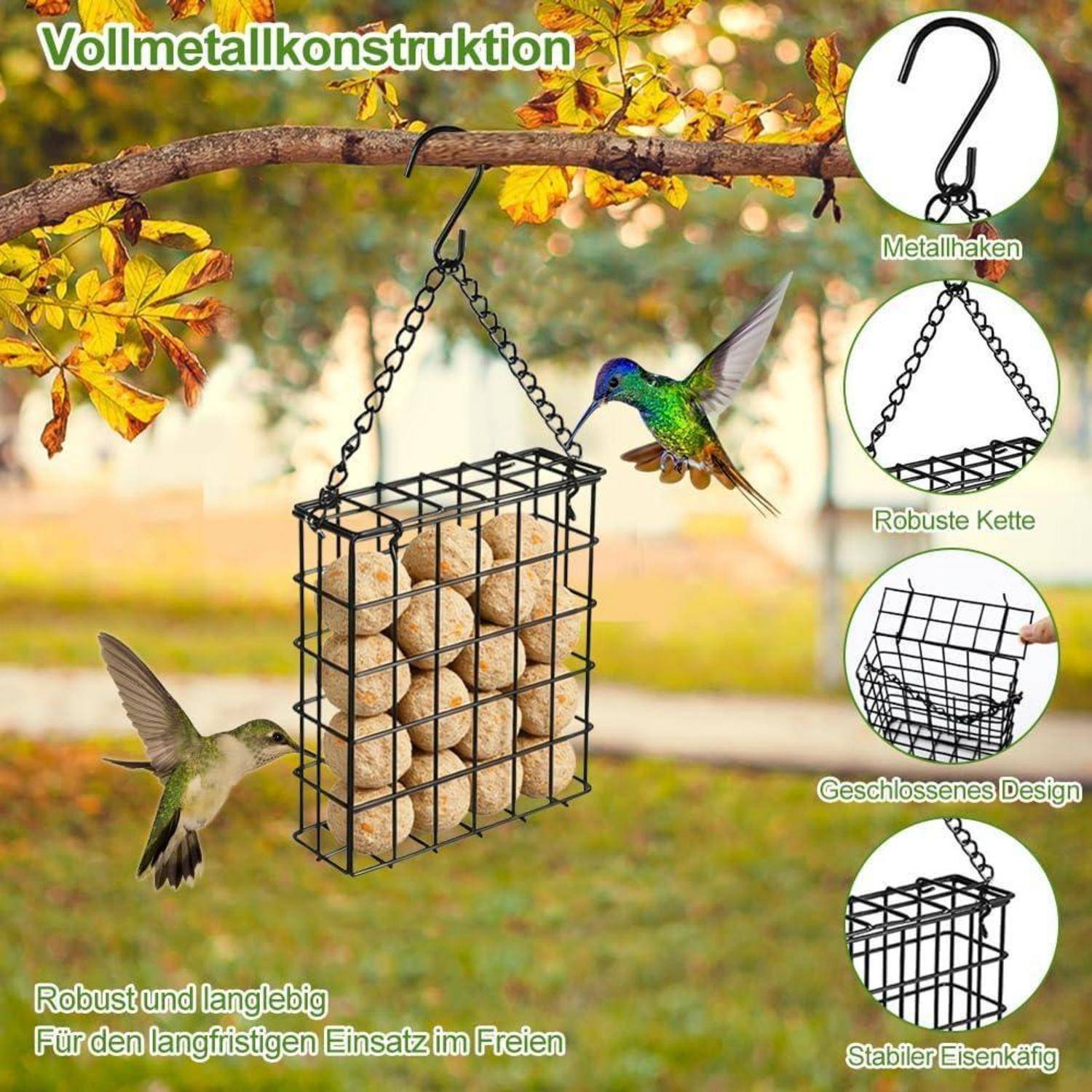 Werbebild eines hängenden Metallvogelführerkörbs gefüllt mit Talgkugeln, gezeigt mit Kolibris und gekennzeichnet in Deutsch: 'Vollmetallkonstruktion,' 'Metallhaken,' 'Robuste Kette,' 'Geschlossenes Design,' und 'Stabiler Eisenkäfig.