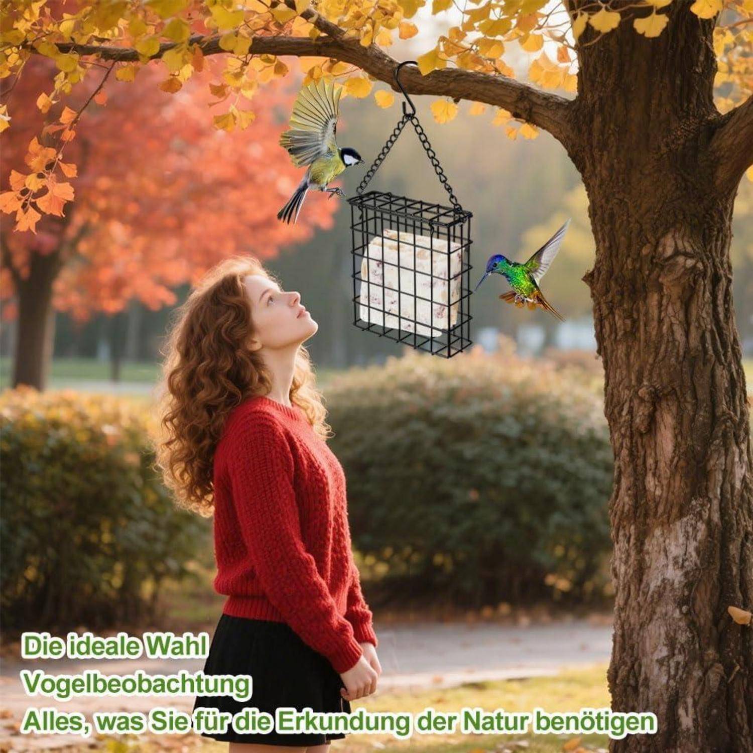 Frau in einem roten Pullover schaut auf einen hängenden Vogelfutterplatz mit Kolibris in einem Herbstpark auf; deutscher Text sagt „Die ideale Wahl Vogelbeobachtung