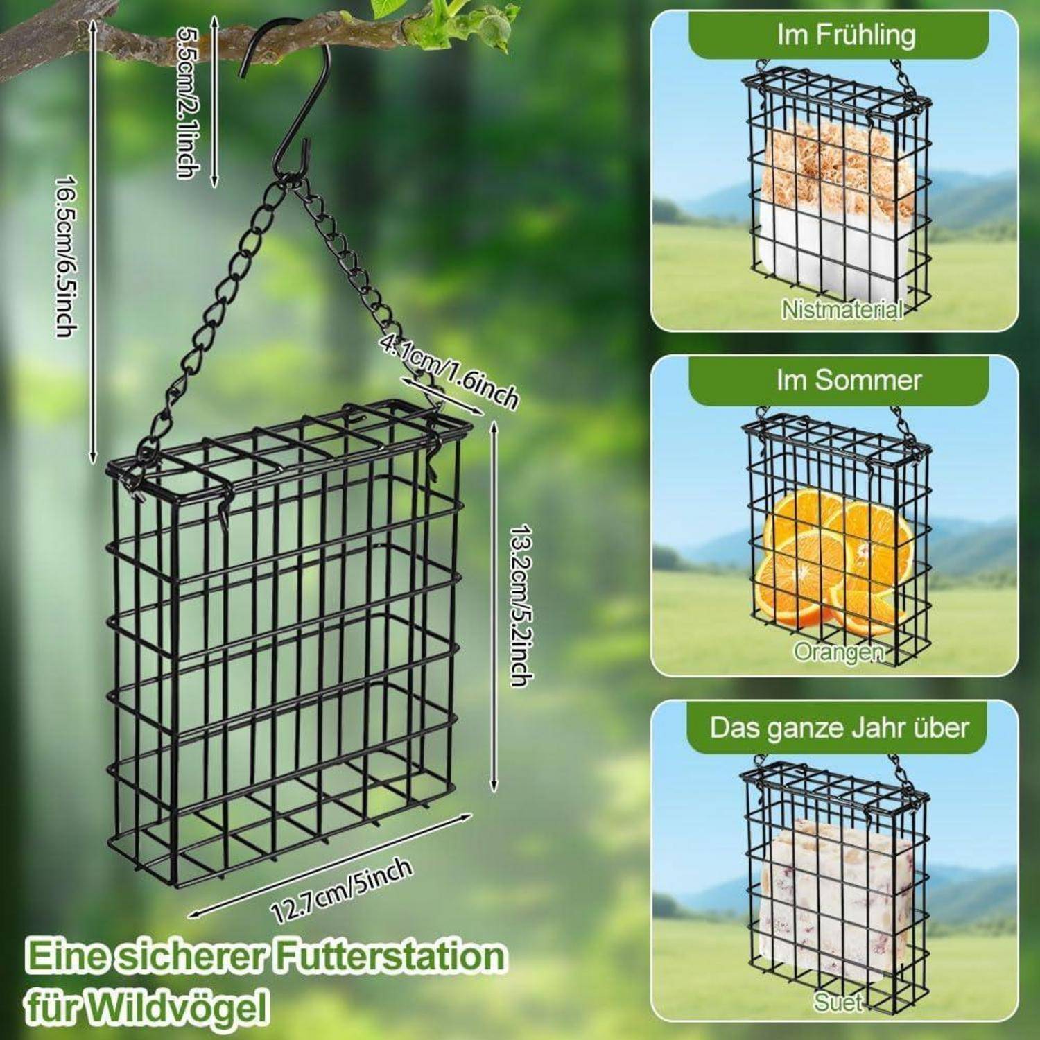 Produktbild eines hängenden Metallvogelftterungskäfigs für Wildvögel, beschriftet mit Abmessungen und saisonalem Gebrauch: Nistmaterial im Frühling, Orangen im Sommer, Talg ganzjährig.