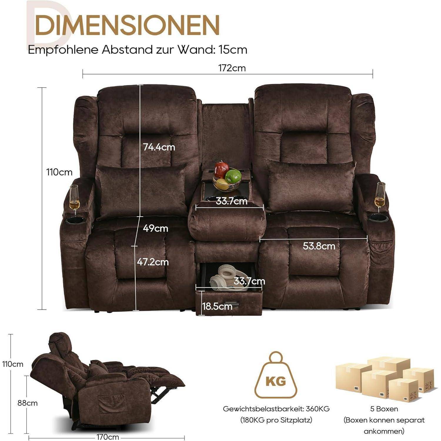 Braunes Relaxsessel-Sofa-Abmessungsdiagramm mit Messwerten in cm, zeigt 172cm Breite, 110cm Höhe, 15cm Wandabstand, 360kg Tragfähigkeit und 5 separate Kartons.
