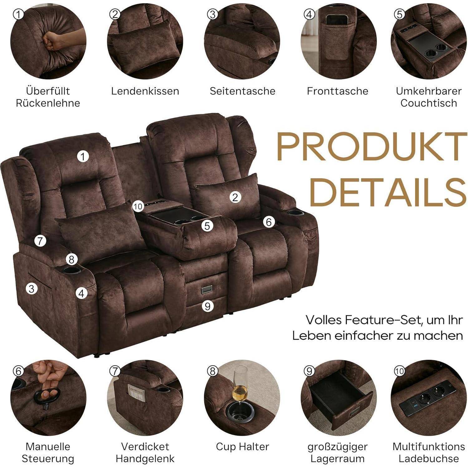 Braunes Liegesofa mit Produktdetail-Callouts, die die überpolsterte Rückenlehne, Lordosenkissen, Seitentaschen, vordere Tasche, Getränkehalter, Schublade zur Aufbewahrung und umkehrbaren Mitteltisch zeigen.