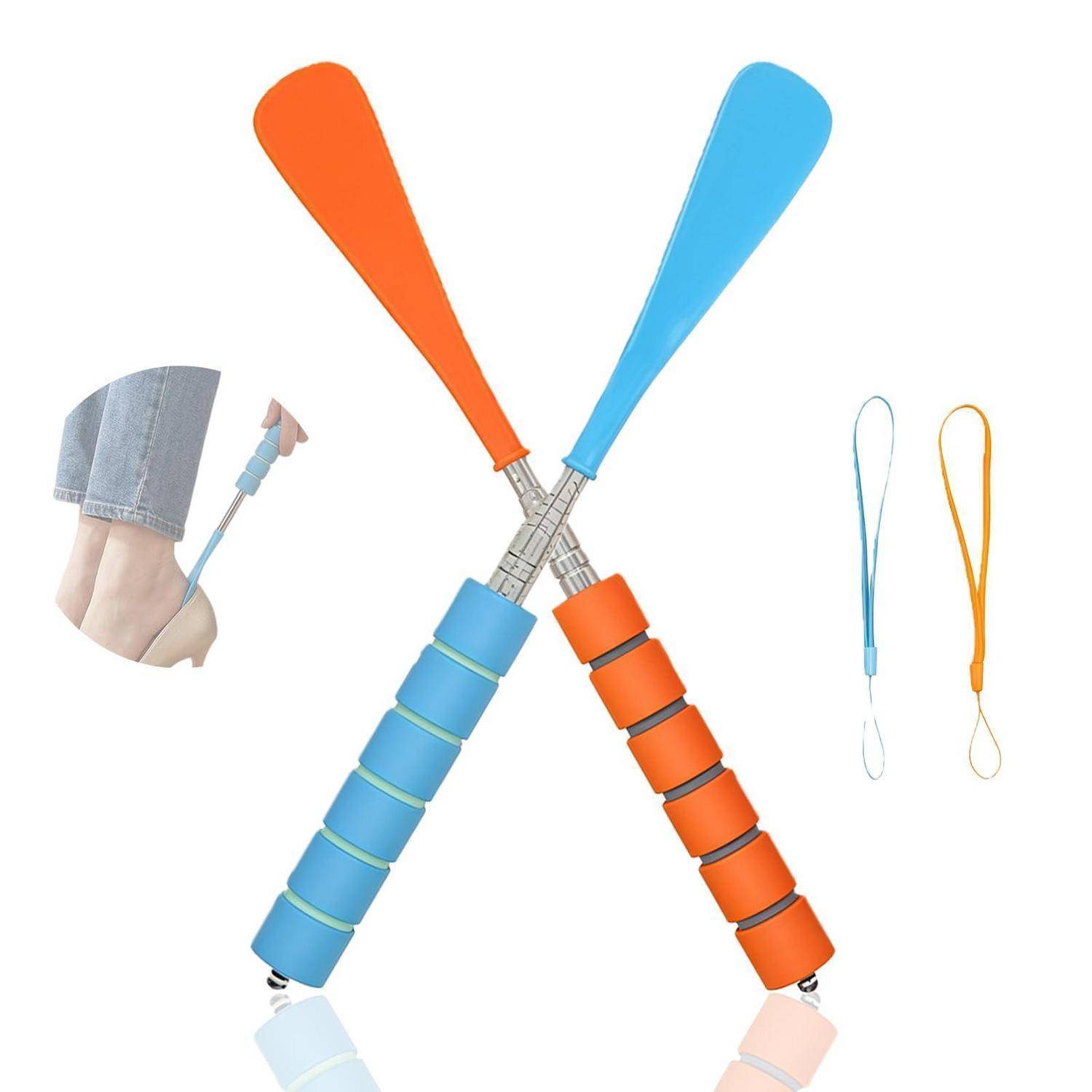 Zwei verstellbare Springseilе überkreuzt in einem X, eines blau und eines orange, mit einer kleinen Abbildung, die zeigt, wie ein Fuß auf einem Griff tritt, um die Länge einzustellen.