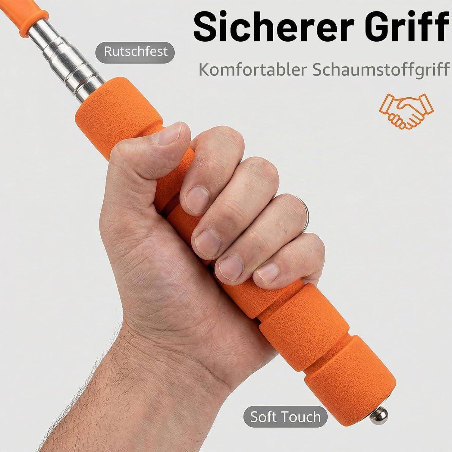 Hand greift einen orangefarbenen Schaumstoffgriff; deutscher Text sagt "Sicherer Griff"" und ""Rutschfest"", was einen sicheren, rutschfesten, weichen Griff anzeigt.