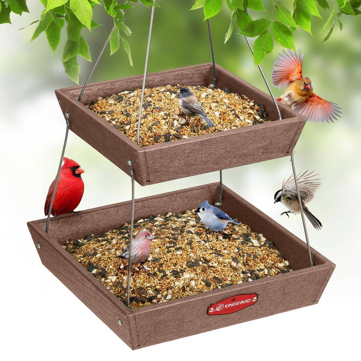 Zweistöckige hängende Vogelfuttertabletts gefüllt mit Samen, auf denen mehrere farbenfrohe Singvögel sitzen und fressen.