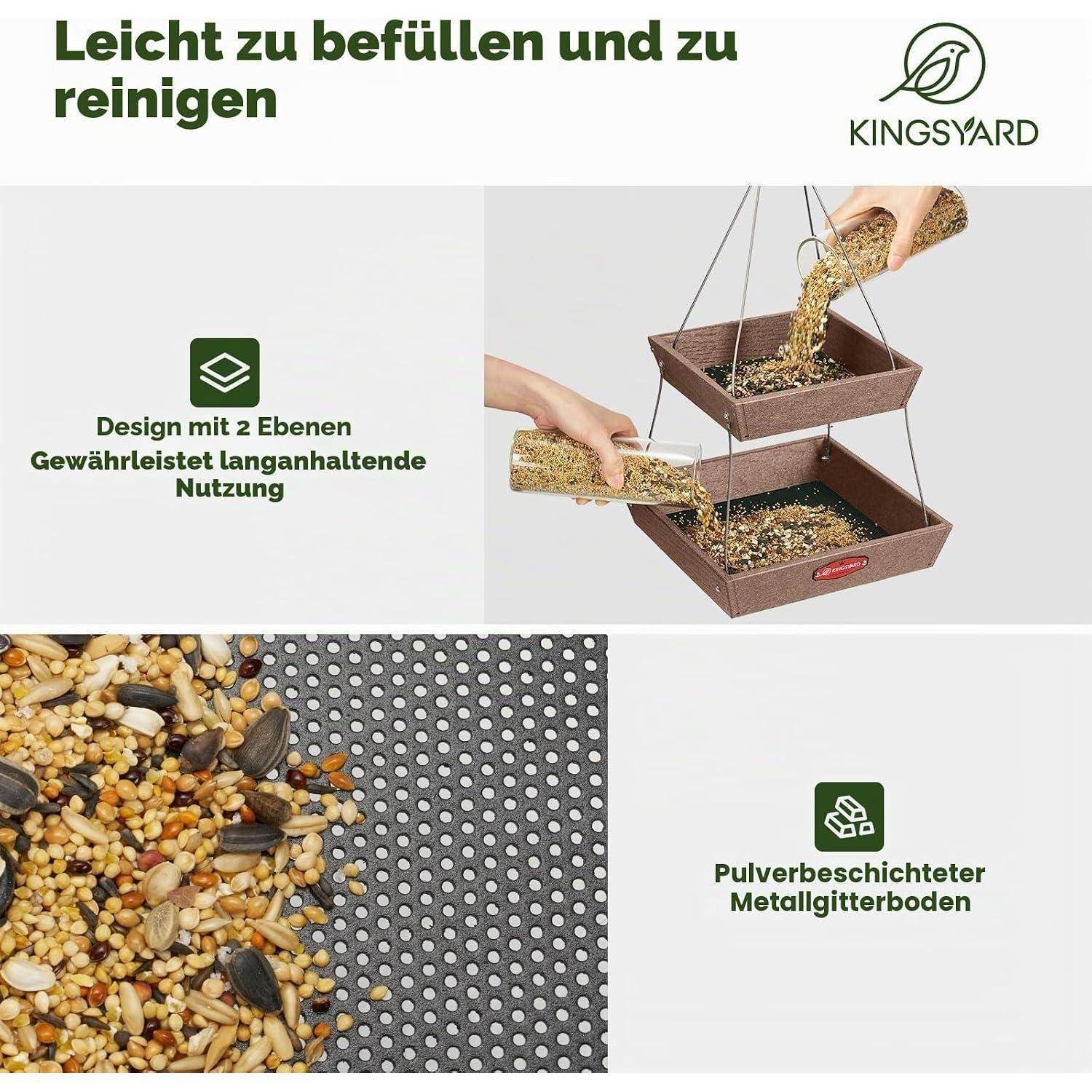 Vogelfutter-Anzeige, die ein zweistöckiges hängendes Tablett zeigt, das mit Samen gefüllt wird, mit Text, der einfaches Füllen und Reinigen sowie einen pulverbeschichteten Metallgitterboden hervorhebt.