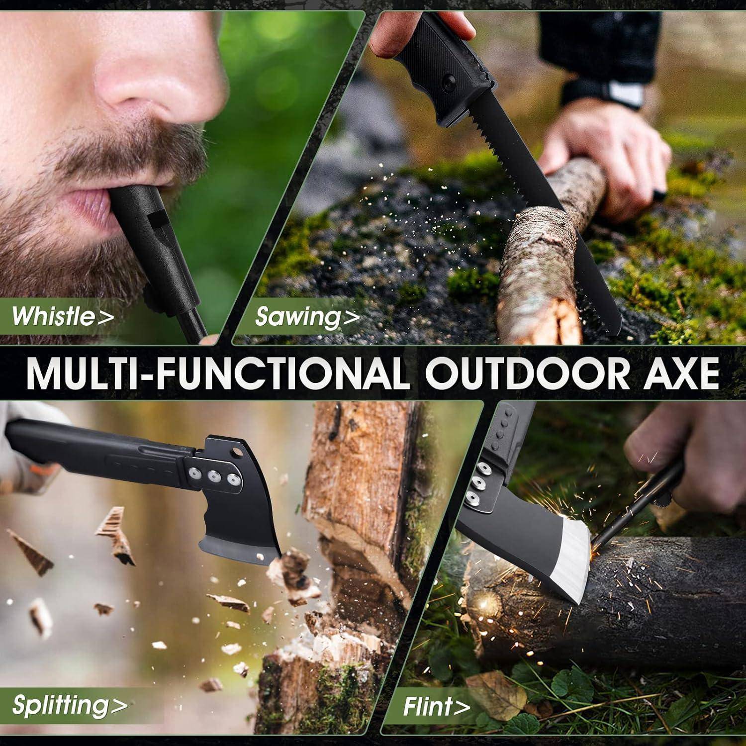 Werbekollage, die eine multifunktionale Outdoor-Axt zeigt, die als Pfeife, Säge, Spalter und Feuerstein-Anzünder verwendet wird.