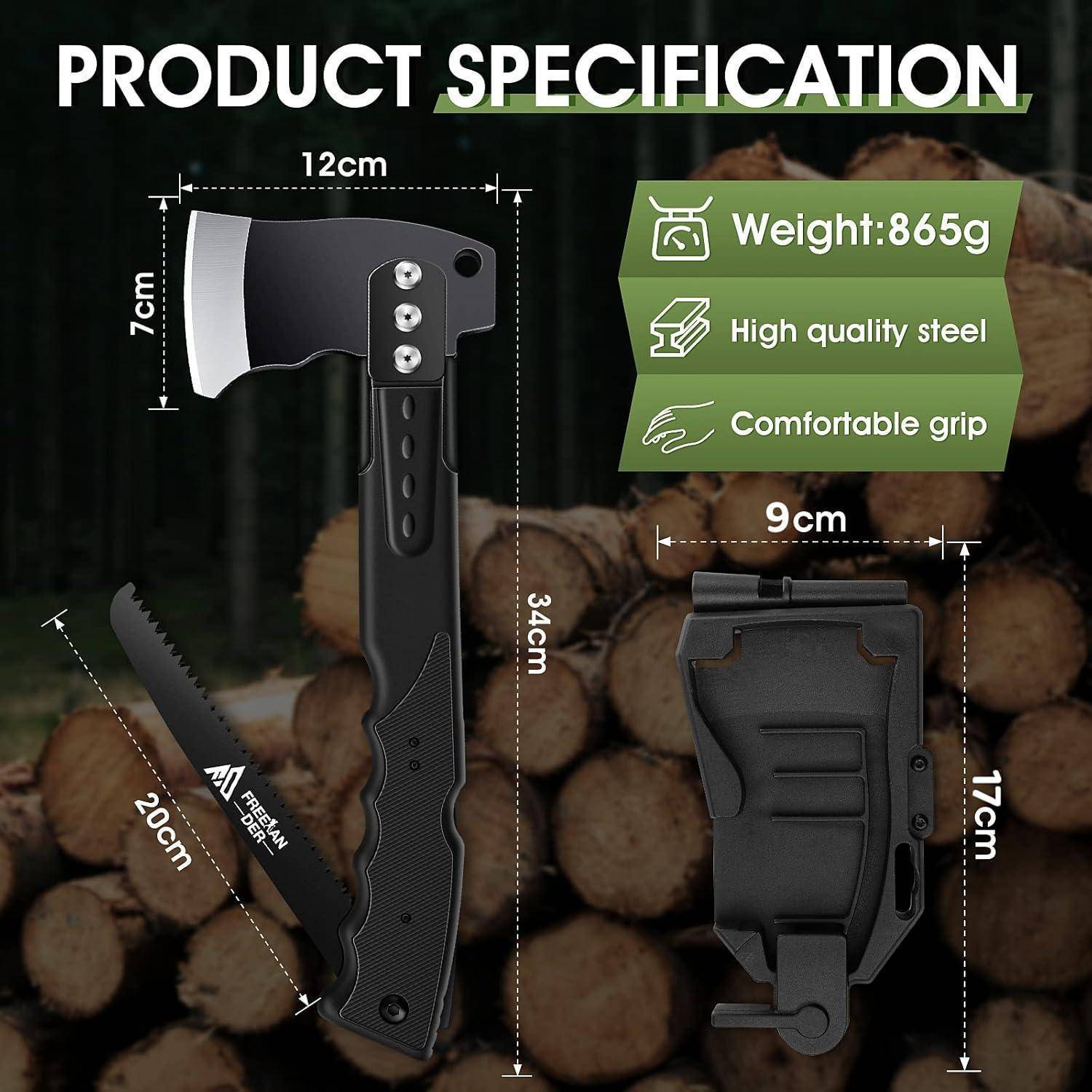 Produktspezifikation für eine 12 cm Axt mit 34 cm Griff, 7 cm Klinge, 20 cm Sägeblatt und 17 cm Scheide; listet 865 g, hochwertige Stahlqualität, ergonomischer Griff.