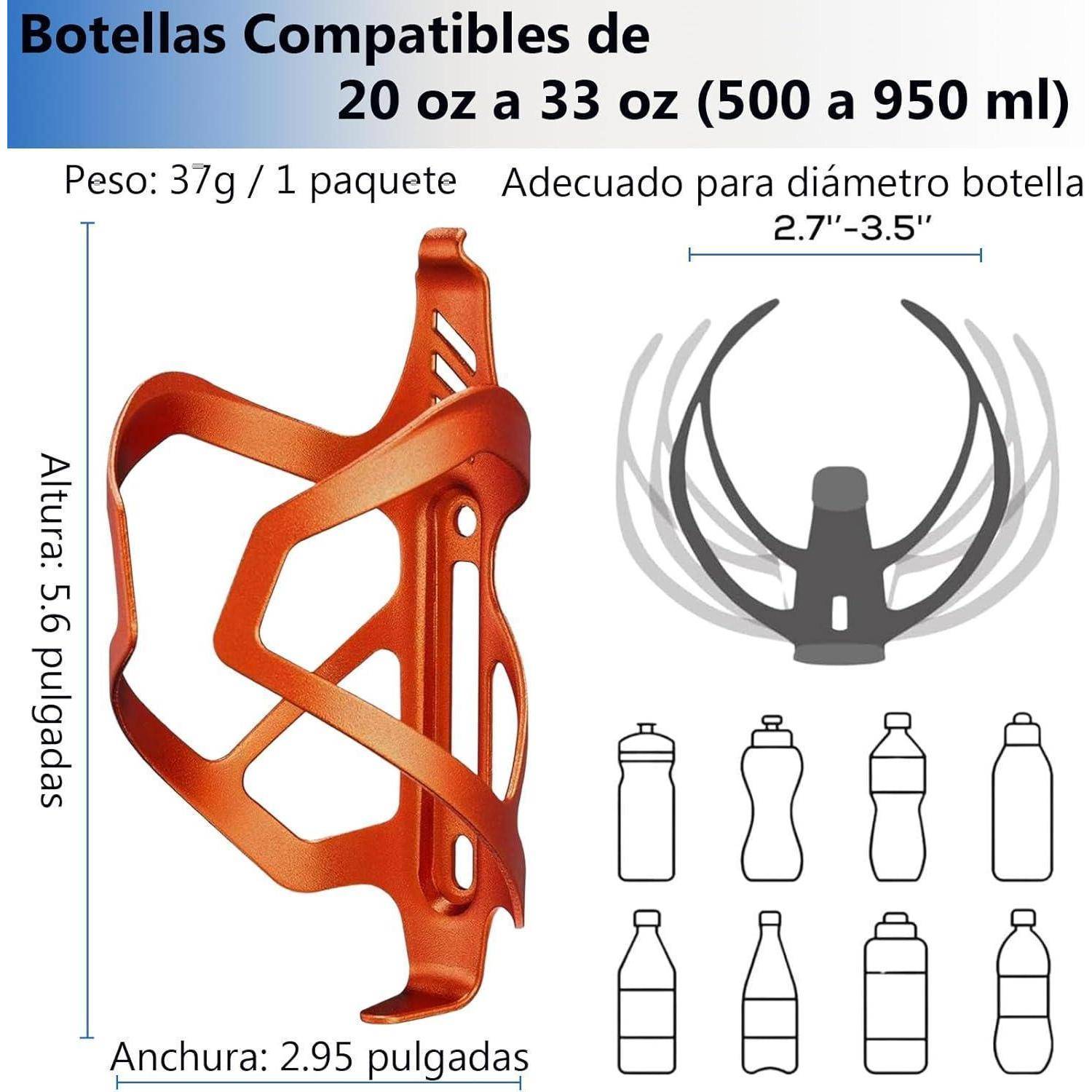 Orange-Flaschenhalter für Fahrräder mit Größen- und Passformangaben: kompatibel mit 20 oz bis 33 oz Flaschen (500 bis 950 ml), 5,6 Zoll hoch, 2,95 Zoll breit, passt für Flaschen mit 2,7-3,5 Zoll Durchmesser.