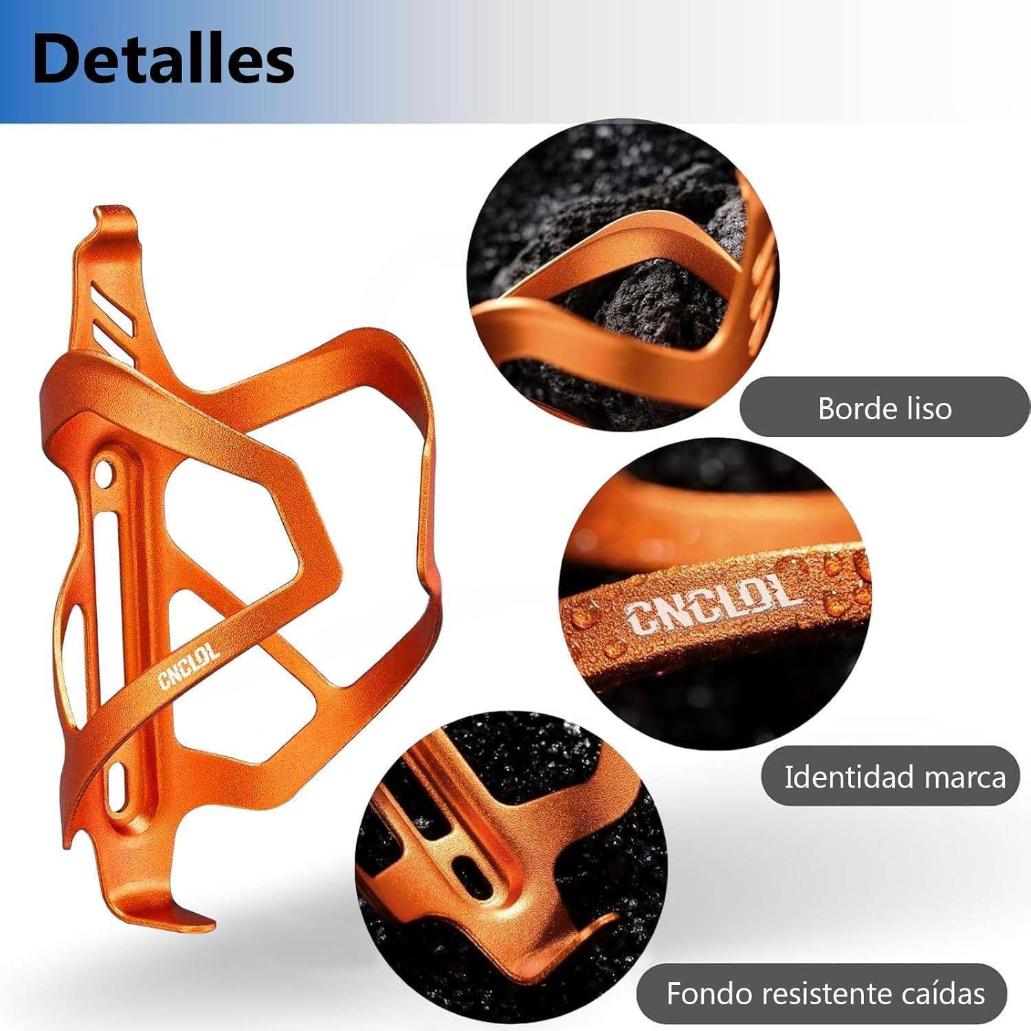 Orange CNCGLI Fahrrad-Trinkflaschenhalter mit drei Detail-Beschriftungen: glatte Kante, Markenlogo und verstärkte rutschsichere Basis.