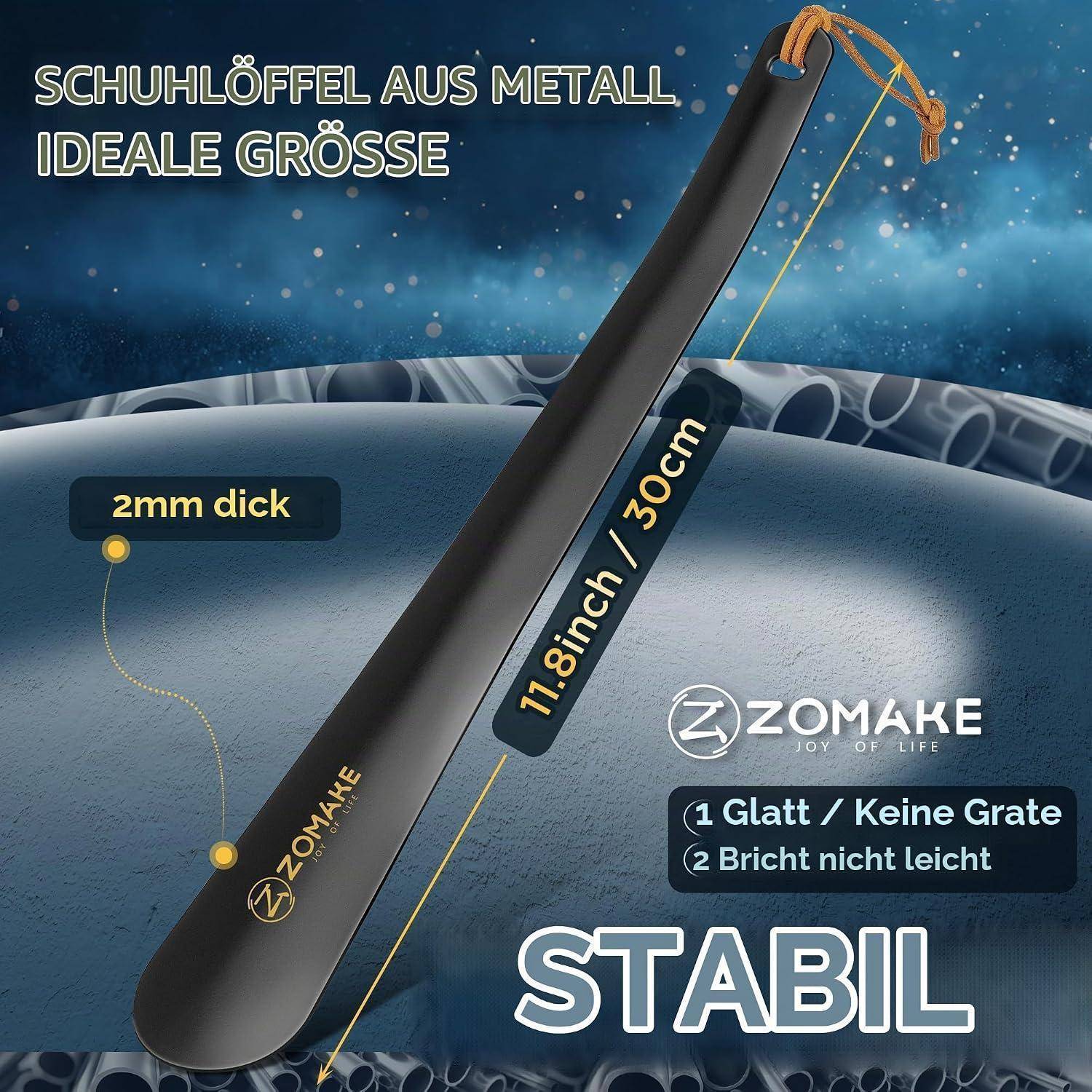 Werbebild eines Metallschuhlöffels mit der Aufschrift „SCHUHLÖFFEL AUS METALL" und „IDEALE GRÖSSE"", der eine Länge von 30 cm, eine Dicke von 2 mm zeigt und die Eigenschaften „glatt/keine Grate"" und „bricht nicht leicht"" aufweist.