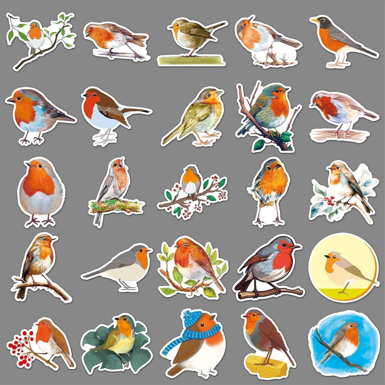 Eine Sammlung bunter Vogel-Aufkleber und Illustrationen, die verschiedene kleine Vögel zeigen, die auf Ästen, Blättern und einfachen Hintergründen sitzen.