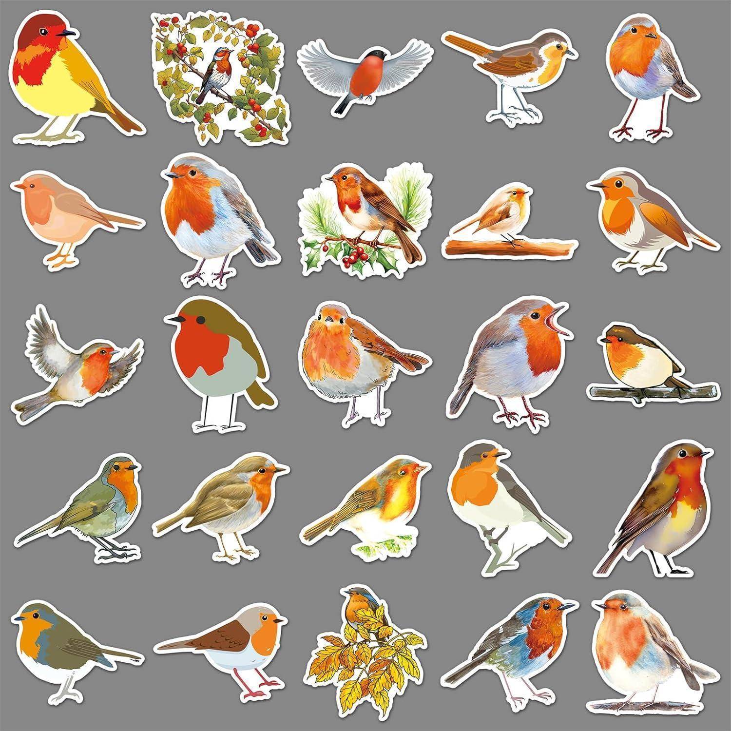 Collage von farbenfrohen illustrierten Vögeln und vogelthematischen Aufklebern auf grauem Hintergrund, zeigt verschiedene Arten, die auf Ästen sitzen, fliegen und auf Zweigen hocken.