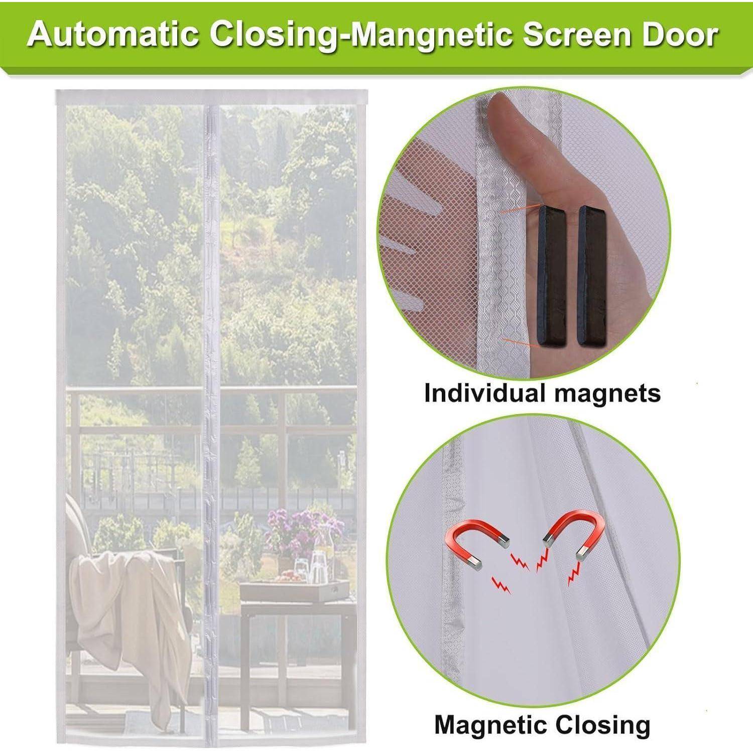 Werbegrafik für eine automatisch schließende magnetische Fliegengittertür, die einen Mascheneingang und Nahaufnahmen einzelner Magnete und des magnetischen Schließmechanismus zeigt.