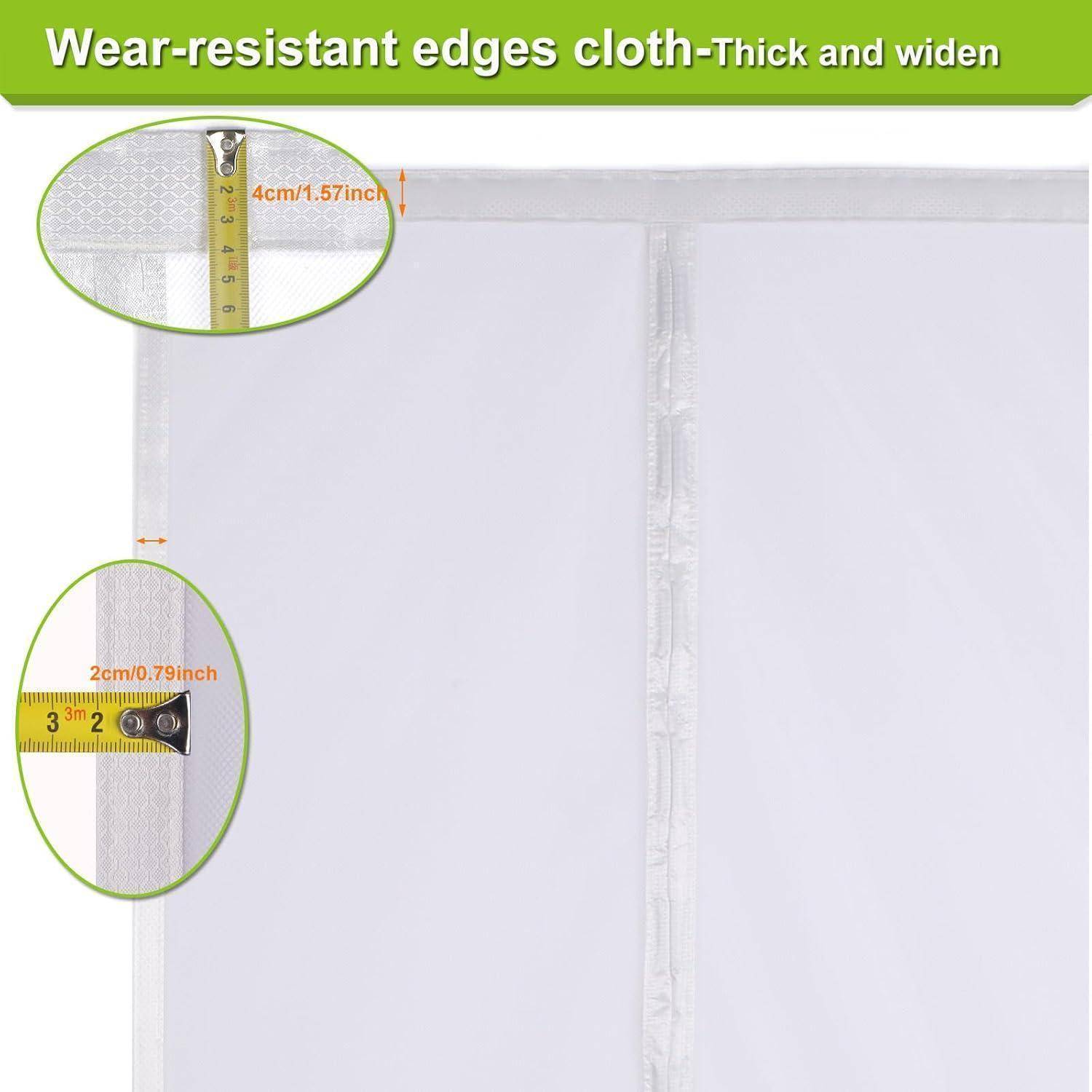 Produktbild einer weißen Stofftasche oder Abdeckung mit verstärkten, verschleißfesten Kanten; eingefügte Nahaufnahmen zeigen 4cm oberen Saum und 2cm Seitenbreite.