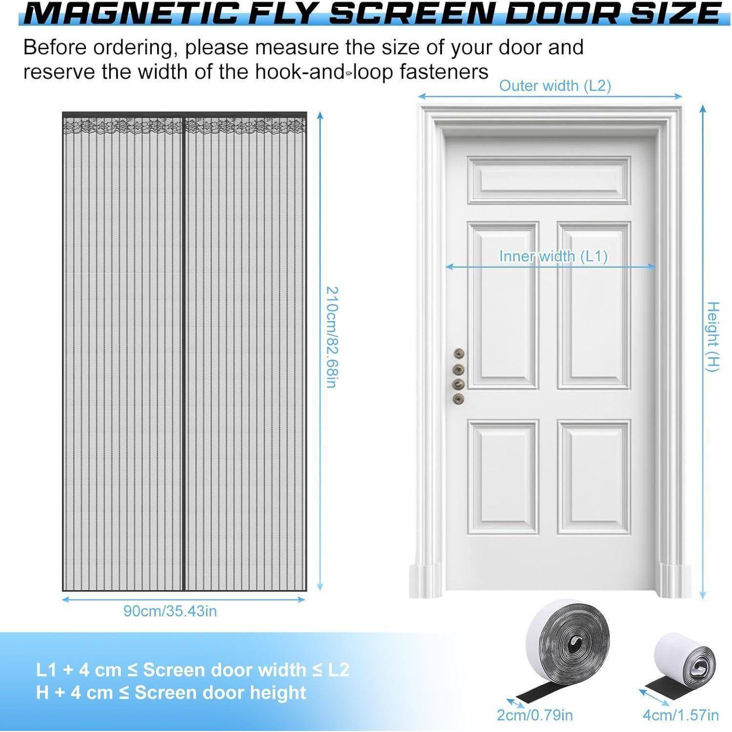 Diagramm zeigt, wie man eine magnetische Fliegengittertür misst: Messen Sie die äußere Türbreite L2, die innere Breite L1 und die Höhe H; das Gitter muss innerhalb des angegebenen Größenbereichs passen.