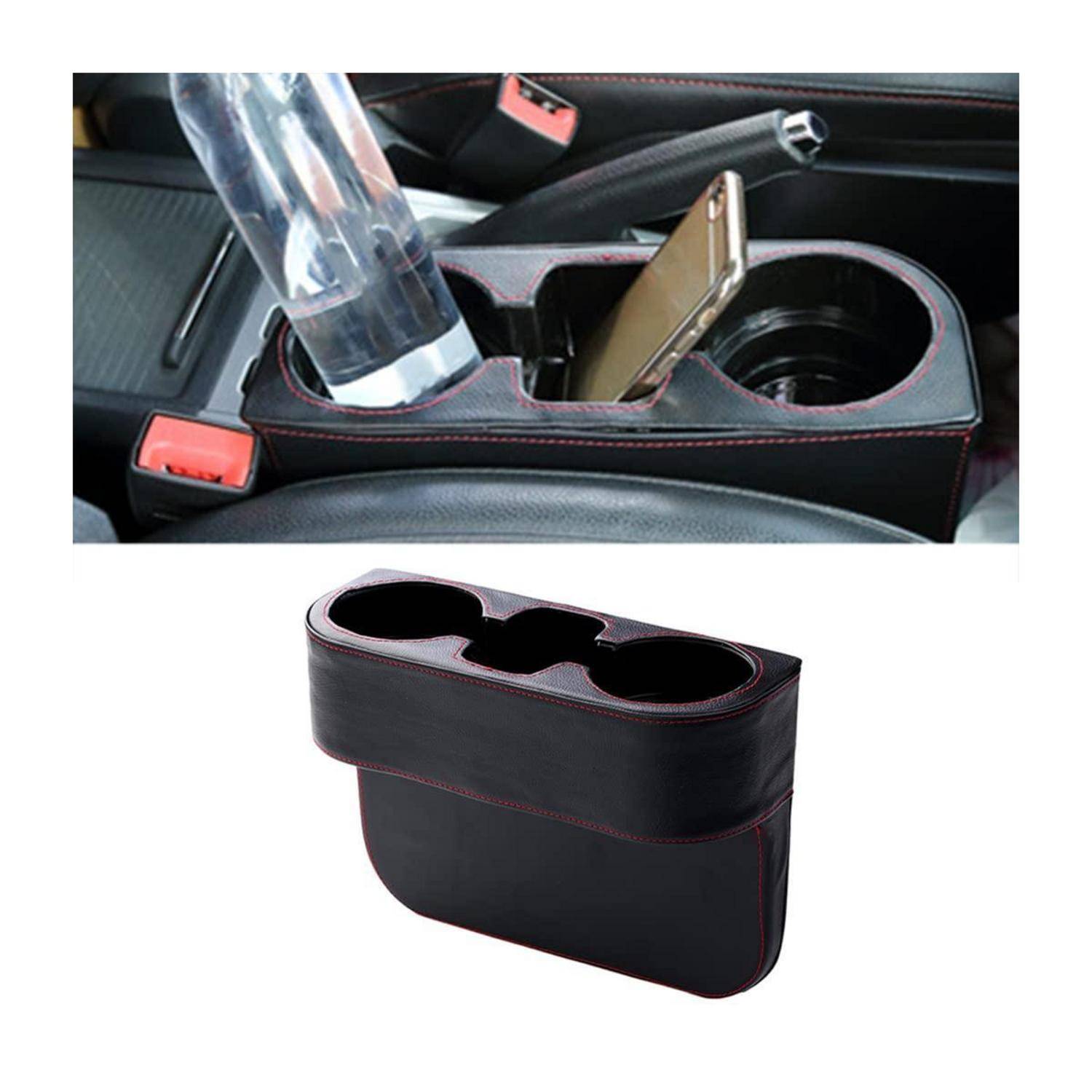 Autositz-Getränkehalter-Organizer, der eine Wasserflasche und ein Telefon hält, dargestellt als in einem Fahrzeug installiert und als eigenständiger schwarzer Einsatz.
