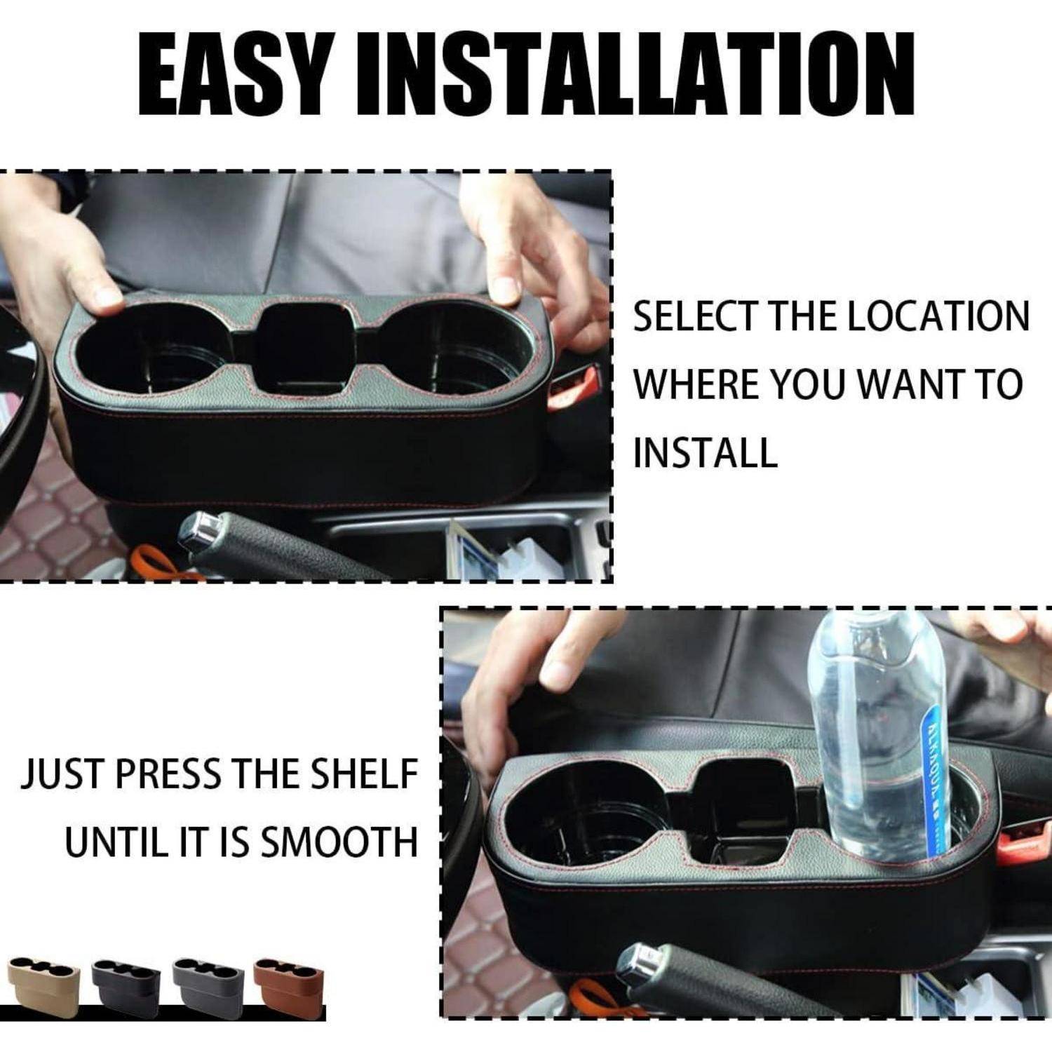 Installationsanleitung, die einen Getränkehalter-Organizer für das Auto zeigt, der positioniert und in die richtige Position gedrückt wird, mit dem Text „Einfache Installation