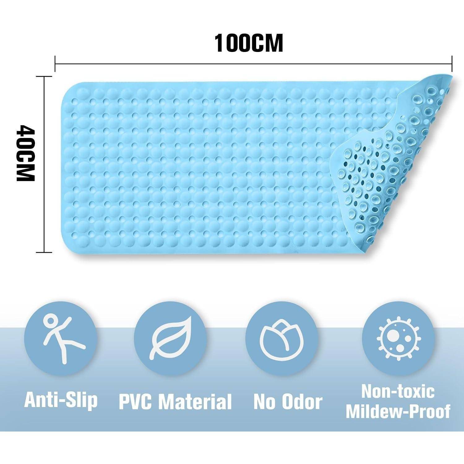 Blaue rechteckige rutschfeste PVC-Matte, 100 cm x 40 cm, mit Saugnapf-Struktur und umgerollten Ecken; gekennzeichnet als geruchlos, ungiftig, schimmelbeständig.