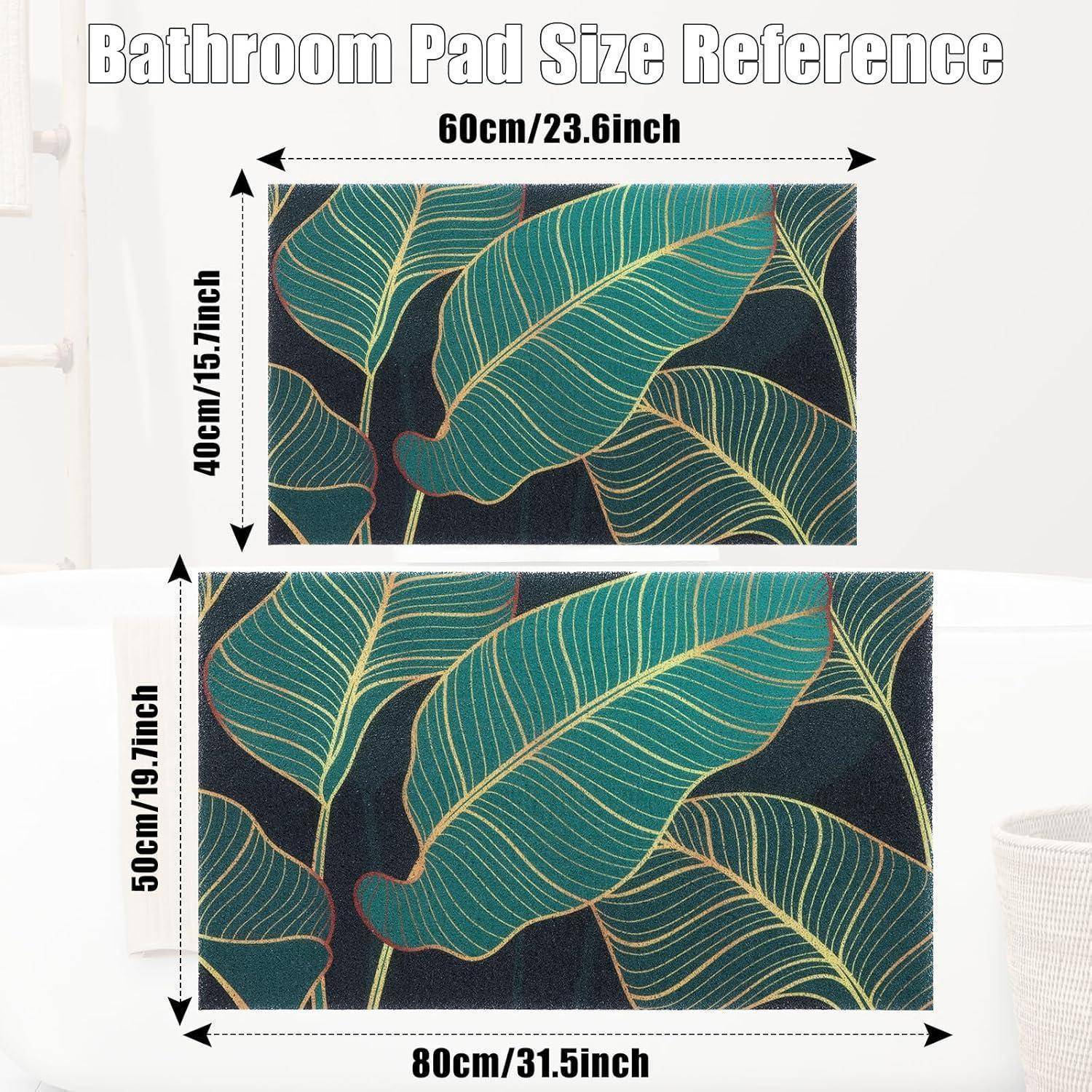 Badezimmermatte Größenreferenz mit zwei blattgemusterten Teppichen: 60 x 40 cm und 80 x 50 cm, mit beschrifteten Inch-Messungen.