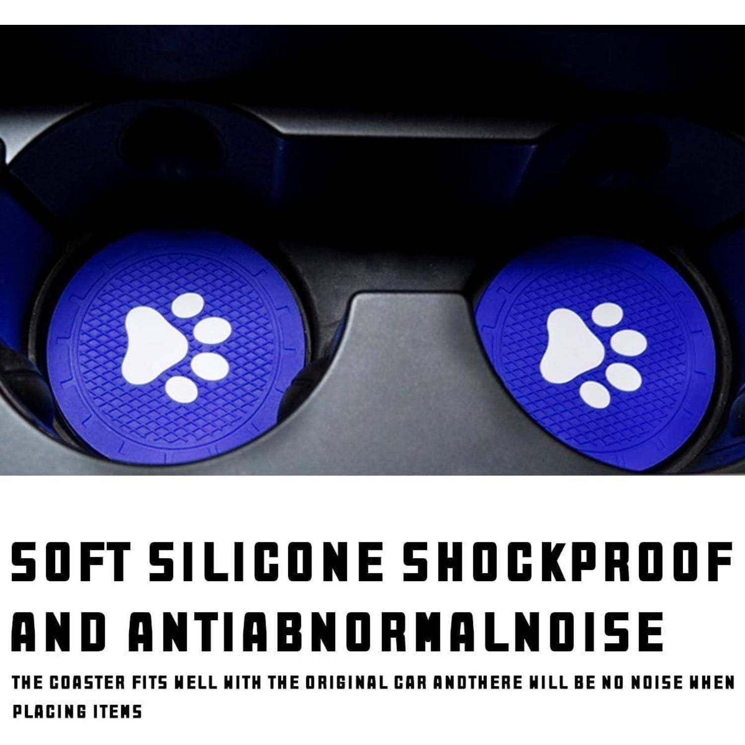 Bild von zwei blauen Silikonbecherhältern mit Pfotendruck-Logos und dem Text „WEICHES SILIKON STOSSFEST UND LÄRMSCHUTZ