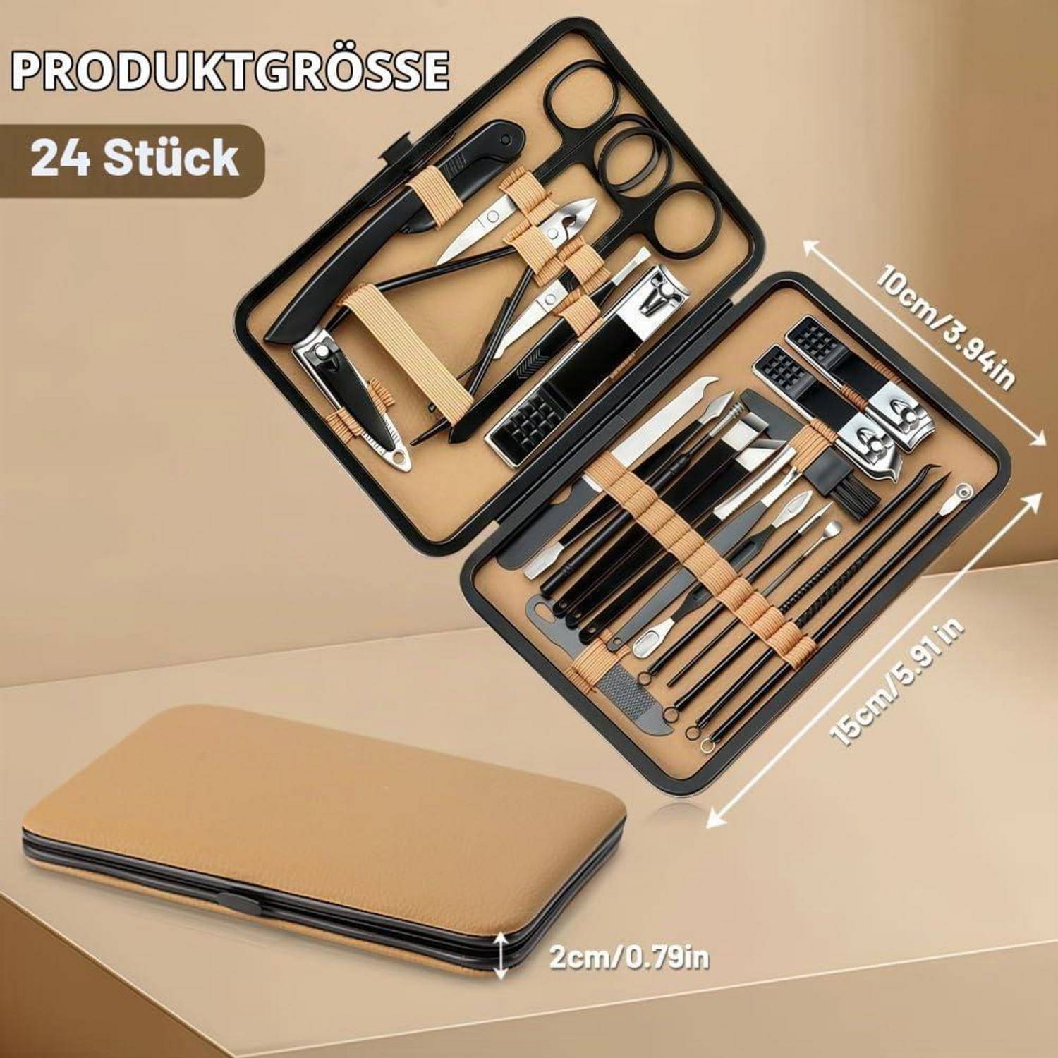 Zwei Maniküre-Sets mit Reißverschluss mit jeweils 24 Pflege-Werkzeugen, geöffnet und geschlossen dargestellt; gekennzeichnet mit den Produktabmessungen 15 cm x 10 cm und 2 cm Dicke.