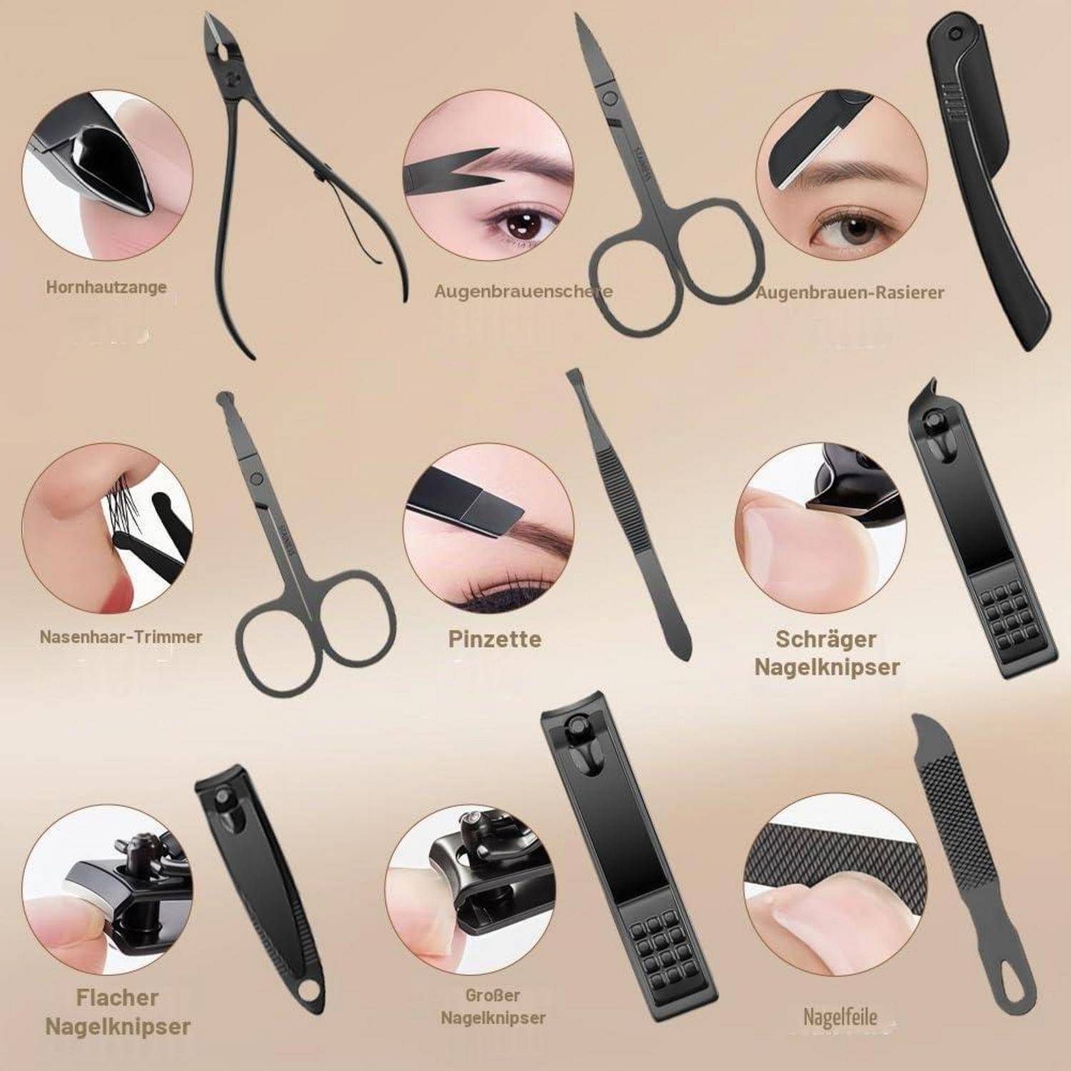 Collage von persönlichen Pflegeutensilien mit deutscher Beschriftung: Nagelhautzange, Augenbrauenschere, Augenbrauenrasierer, Nasenhaarschneider, Pinzette, Nagelknipser und Nagelfeile.