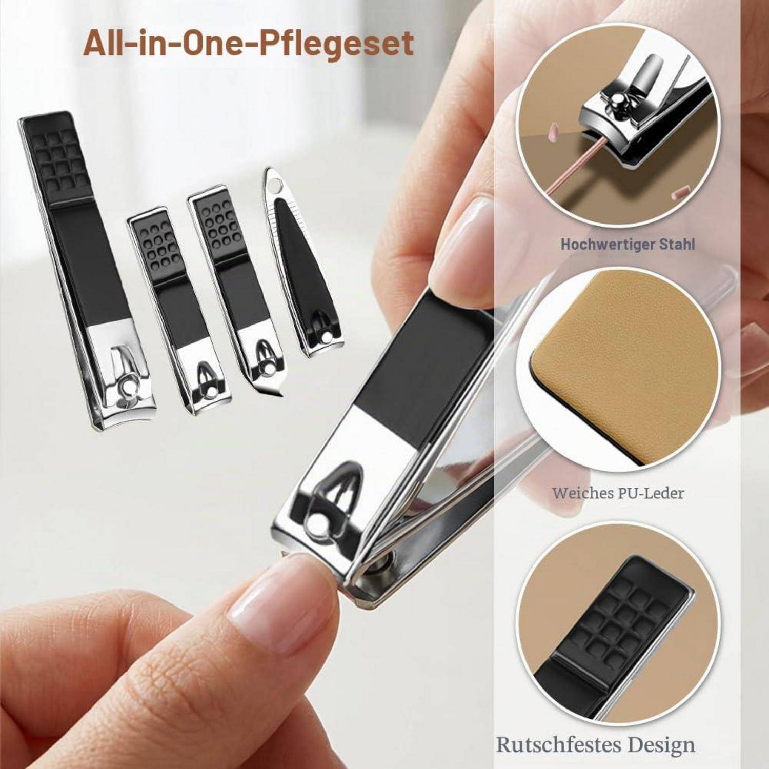Maniküre-Set 24 Teile Edelstahl mit Ledertasche Schwarz Silber