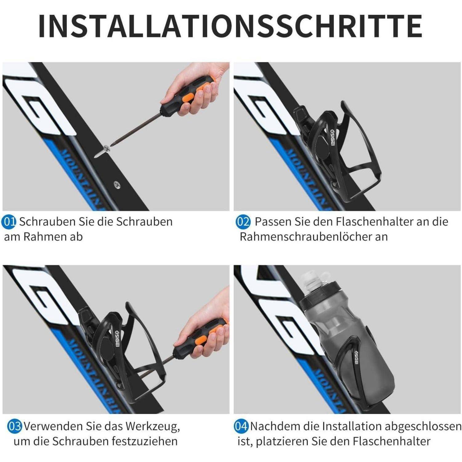Installationsanleitung für einen Flaschenhalter am Fahrradrahmen: Rahmenbolzen entfernen, Halter ausrichten, mit Werkzeug festziehen, dann die Flasche nach der Installation einsetzen.