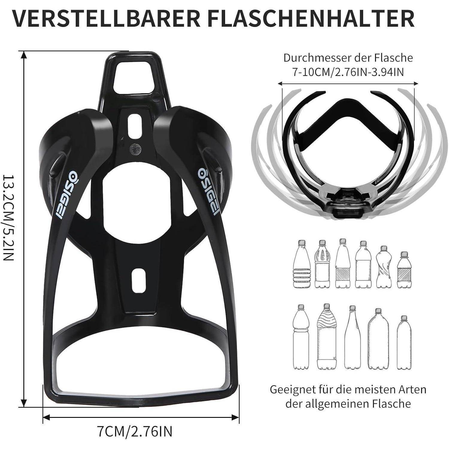 Diagramm eines verstellbaren Flaschenhalters mit Abmessungen von 13,2 cm Höhe und 7 cm Breite, passend für Flaschen mit 7–10 cm Durchmesser und vielen Flaschenformen.