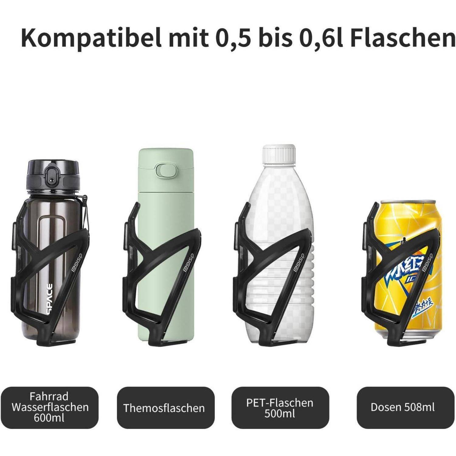 Flaschenhalter für Fahrrad, kompatibel mit 0,5 bis 0,6 L Behältern, gezeigt mit einer 600-ml-Wasserflasche, einer Thermoskanne, einer 500-ml-PET-Flasche und einer 508-ml-Dose.
