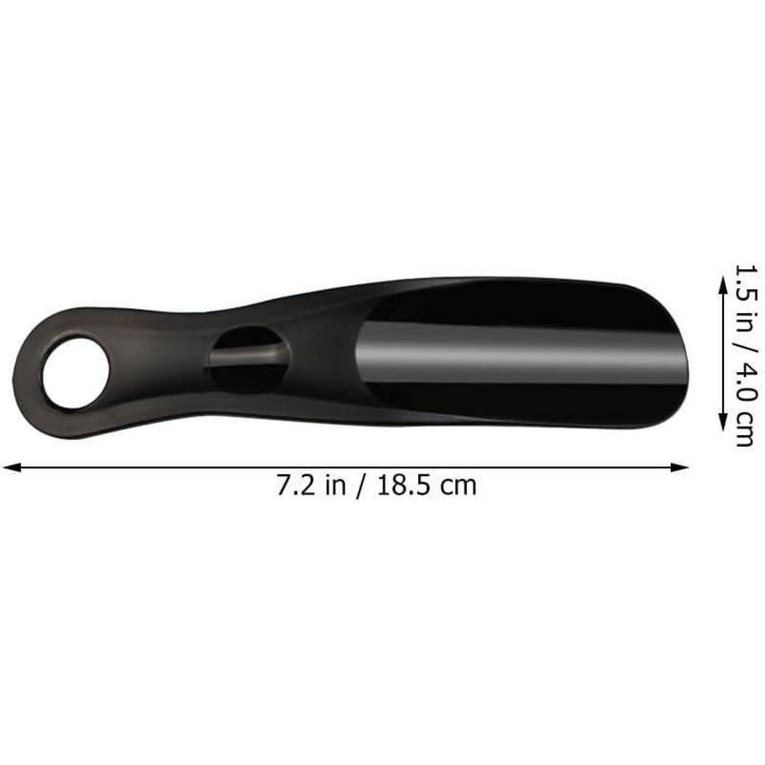Schwarze Küchenschaufel mit Griff und Aufhängeloch, auf weißem Hintergrund gezeigt mit beschrifteten Maßen 7,2 Zoll / 18,5 cm lang und 1,5 Zoll / 4,0 cm breit.