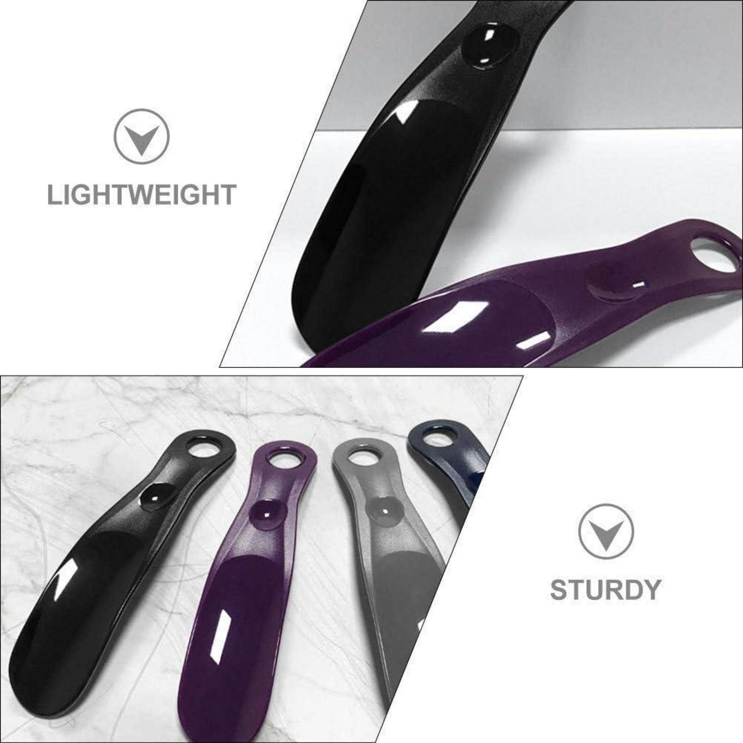 Produktpromo-Bild von glänzenden, leichten, robusten Kunststoffutensilien oder Spachteln in Schwarz, Violett, Grau und Blau, mit den Beschriftungen „LEICHTGEWICHT