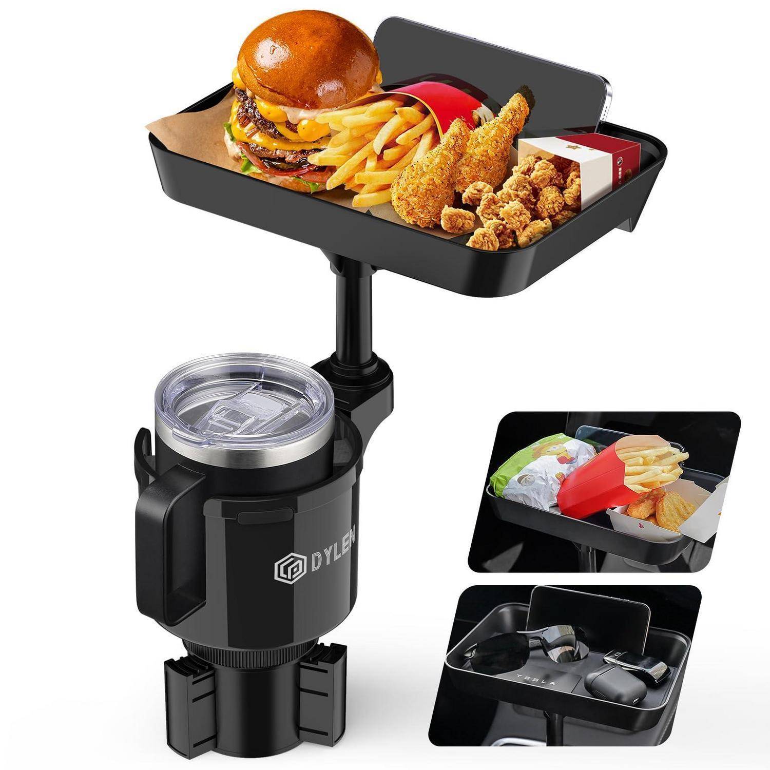 Tablett-Organizer für Autositze mit Getränkehalter, Tablett für Speisen und Zubehörspeicher, shown mit einem Burger, Pommes, Hähnchen und kleinen Gegenständen.