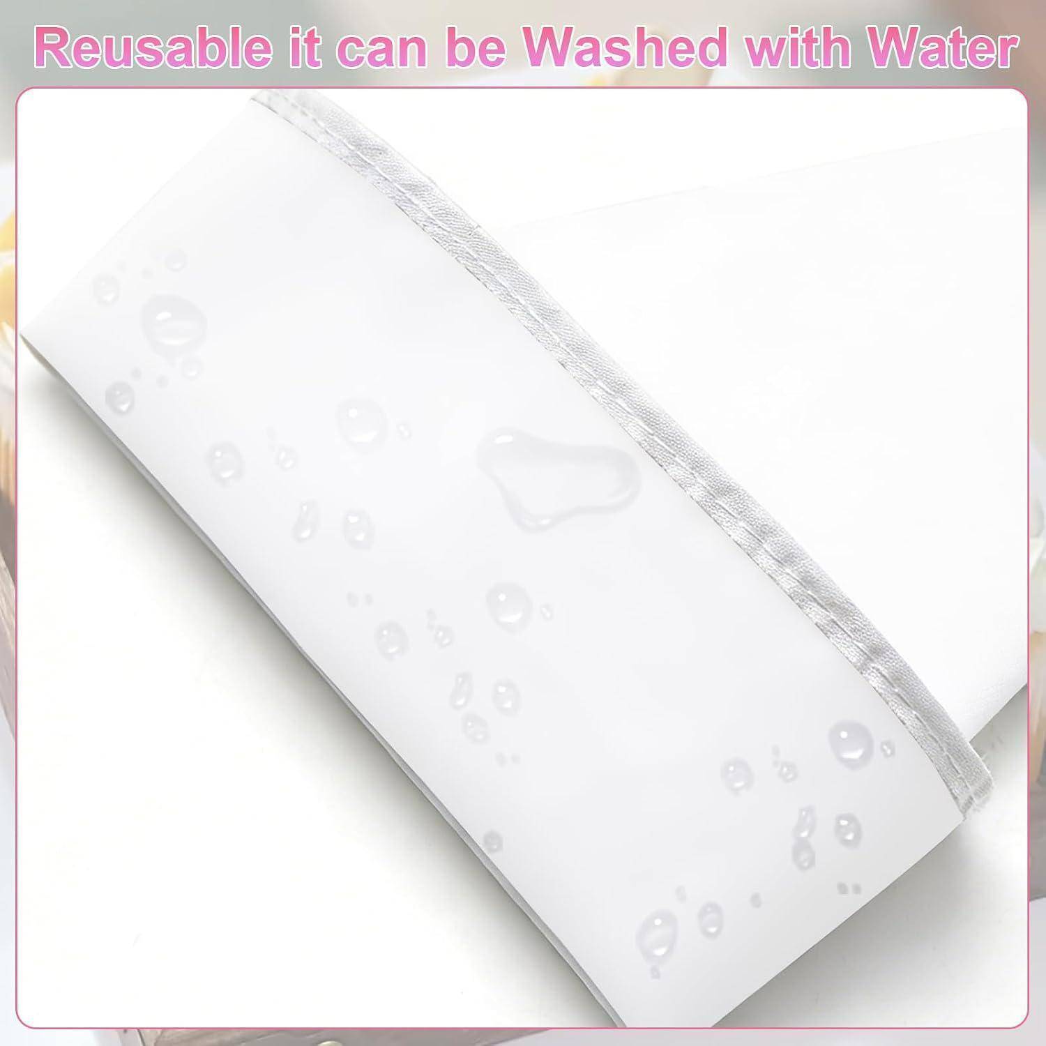 Weißes wiederverwendbares Material, dargestellt mit Wassertropfen und Text „Reusable it can be Washed with Water
