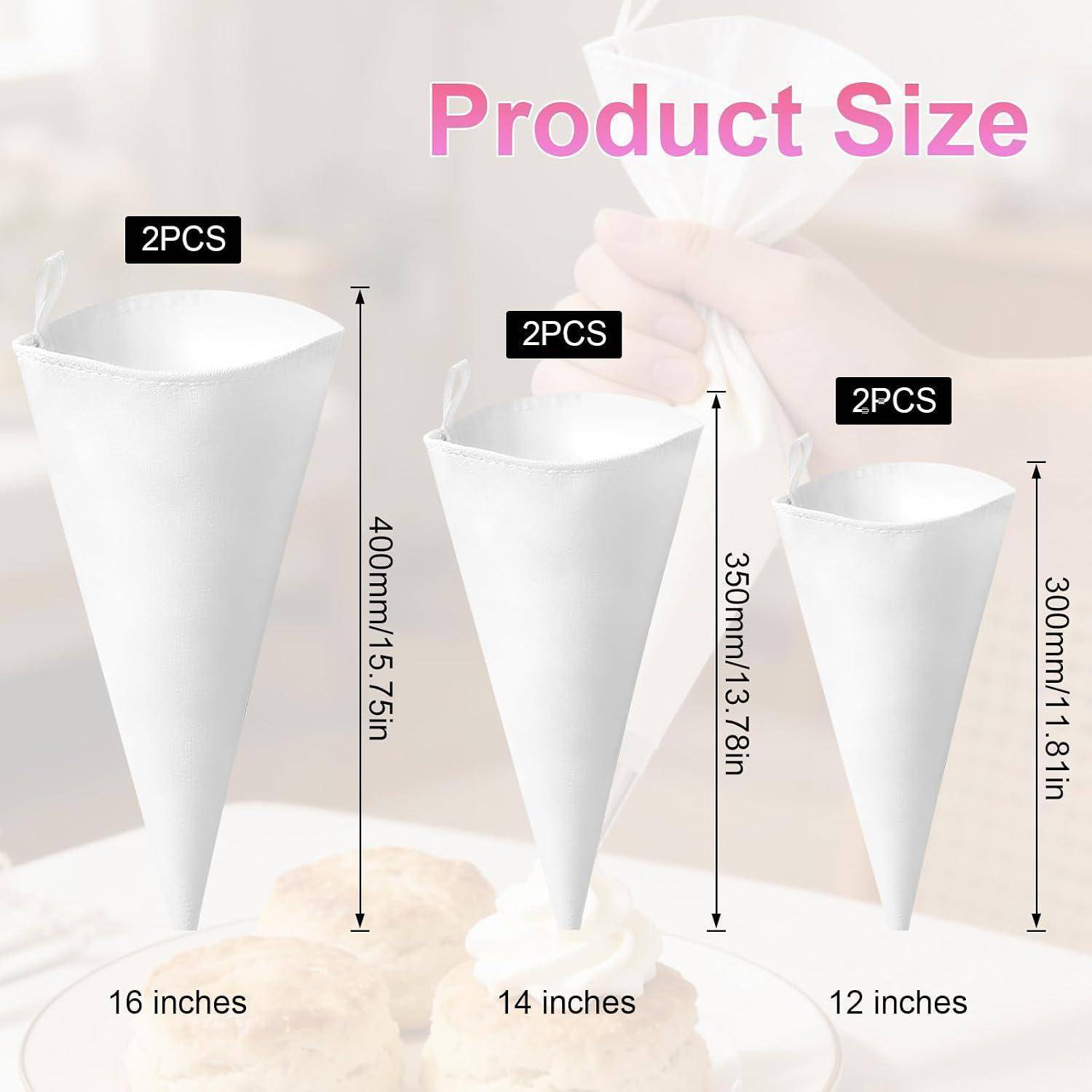 Produktgrößentabelle mit 2-teiligen weißen Kegelfiltertaschen in drei Längen: 16 Zoll/400 mm, 14 Zoll/350 mm und 12 Zoll/300 mm.